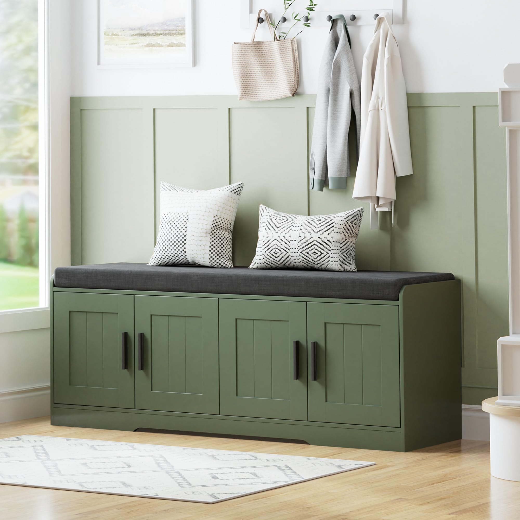 Homleke 2-Tier Storage Bench, Shoe Bench with Padded Seat Cushion, Entryway Bench with Doors, Adjustable Shelf, for Entryway, Living Room, Bedroom