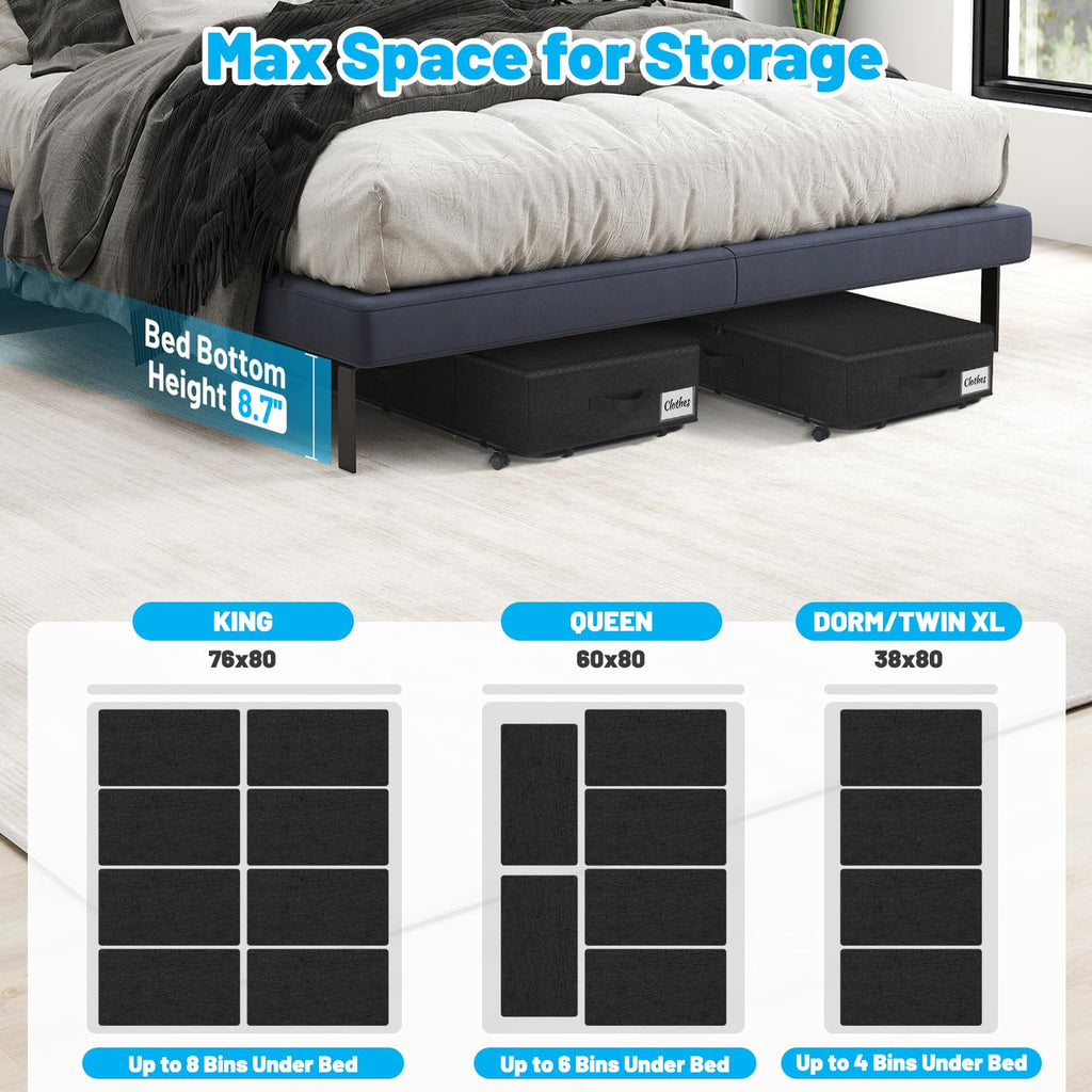 Under Bed Storage with Wheels, 2-Pack 10" Height XXL 60L Rolling Storage Bins, Quick Assembly Underbed Shoe Storage Containers with Clear Lid & Label, Dorm Under bed Drawers for Clothes, Shoes