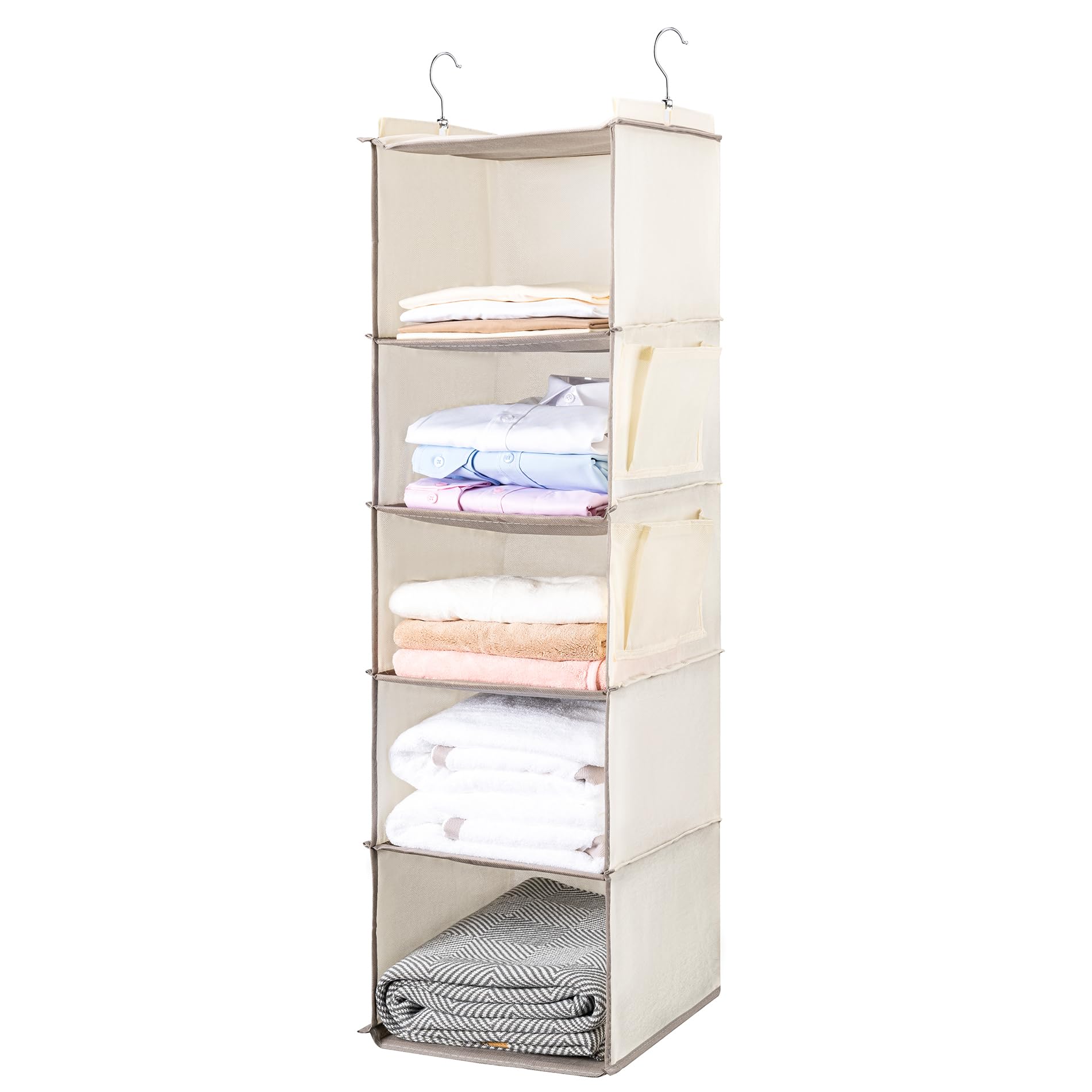 BOOMIBOO Hanging Closet Organize and Shelves，5-Hanging Shelf with 2 Side Pockets，Storage Foldable