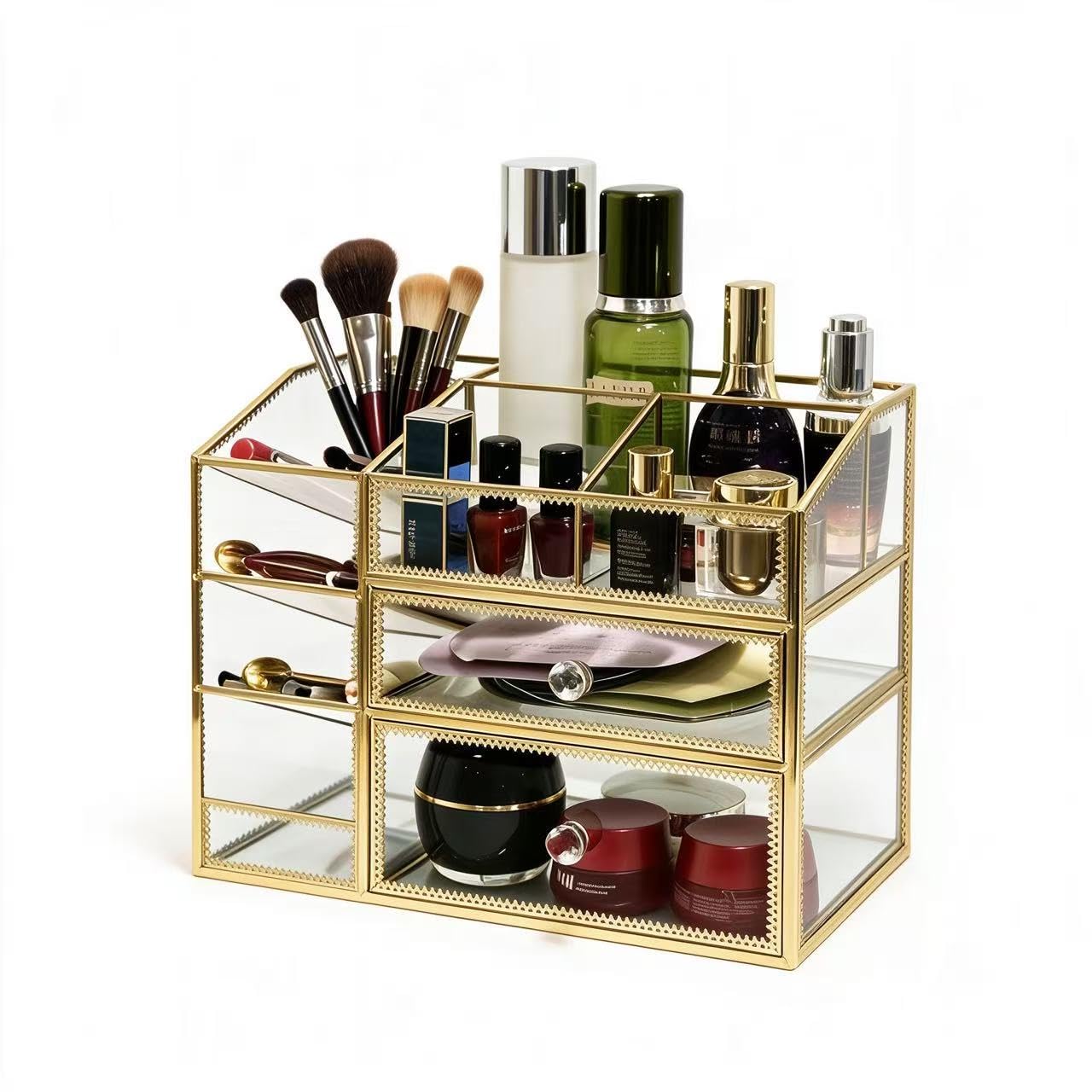 Glass Makeup Organizer for Vanity Countertop, Vintage Lace Cosmetic Storage Cabinet with 2 Drawers, Open Top Lipstick & Skincare Holder, Desktop Beauty Display Case, Available in Gold, Silver & Bronze