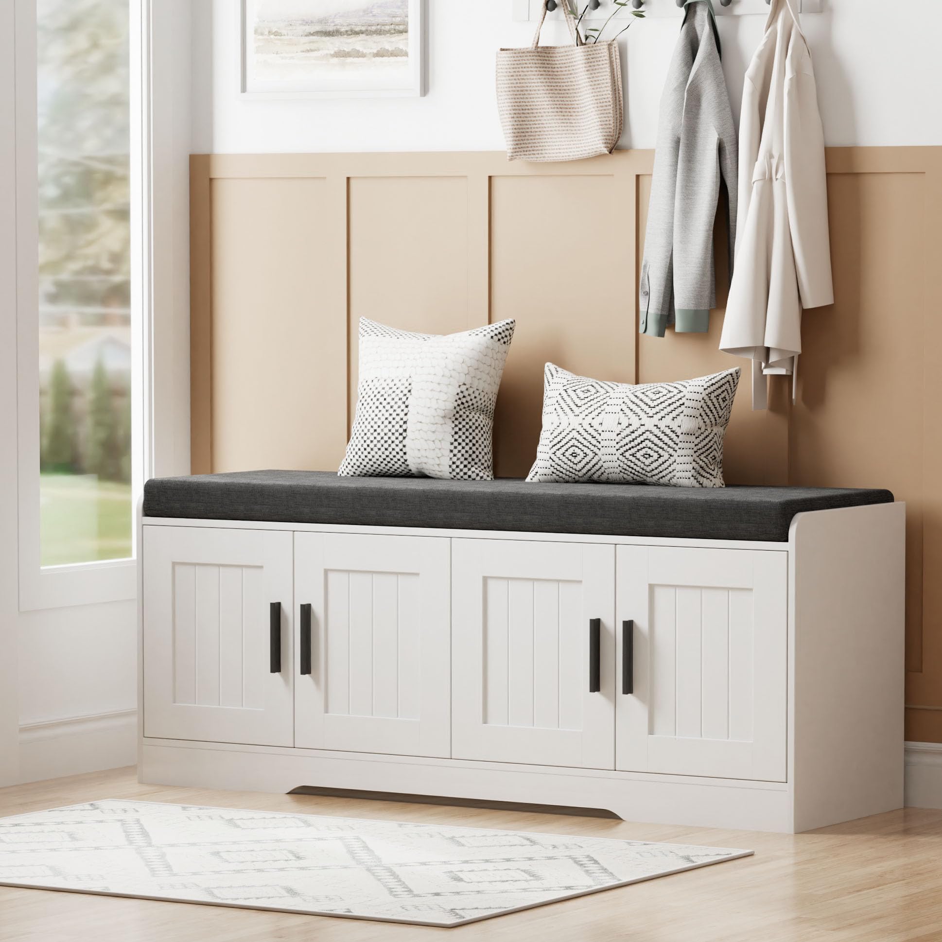 Homleke 2-Tier Storage Bench, Shoe Bench with Padded Seat Cushion, Entryway Bench with Doors, Adjustable Shelf, for Entryway, Living Room, Bedroom