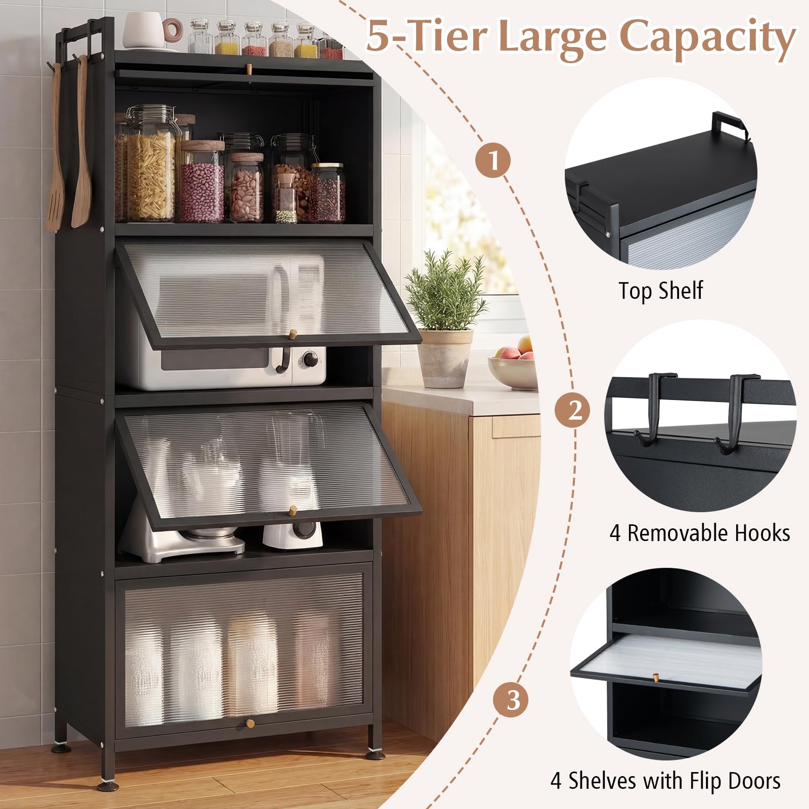 Giantex 5-Tier Kitchen Storage Cabinet, Mobile Microwave Stand with Flip-up PC Doors, Freestanding Kitchen Bakers Rack with 4 Rolling Casters, for Dining Room, Living Room and Study