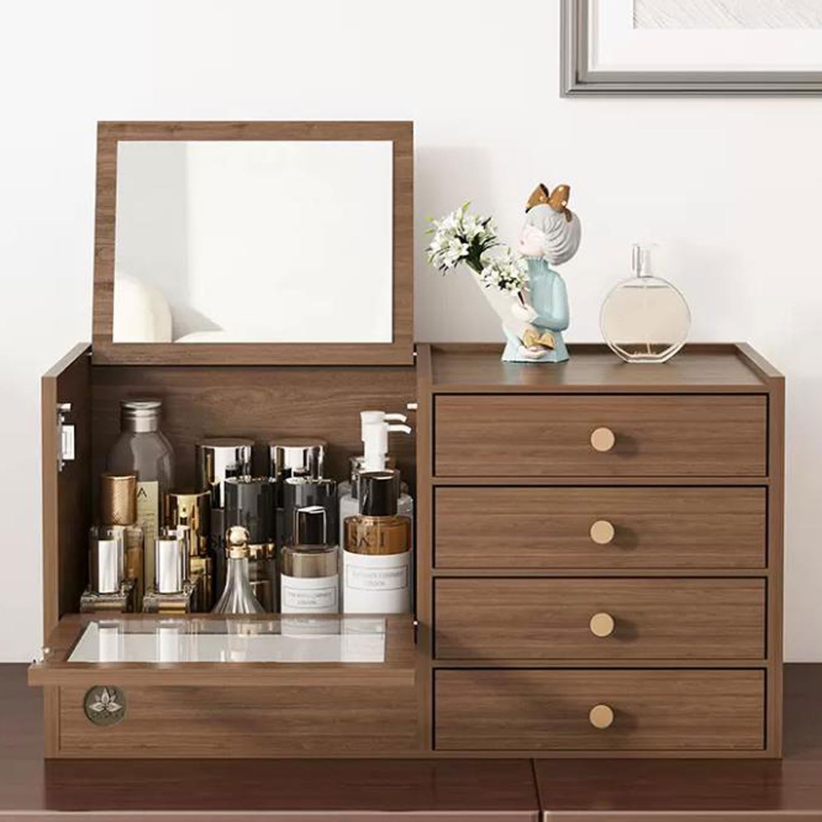 SHENJIA Wooden Makeup Organizer with 4 Drawers and Built-in Mirror - Solid Wood Storage Box for Makeup Accessories and Jewelry - Compact Dressing Table Organizer