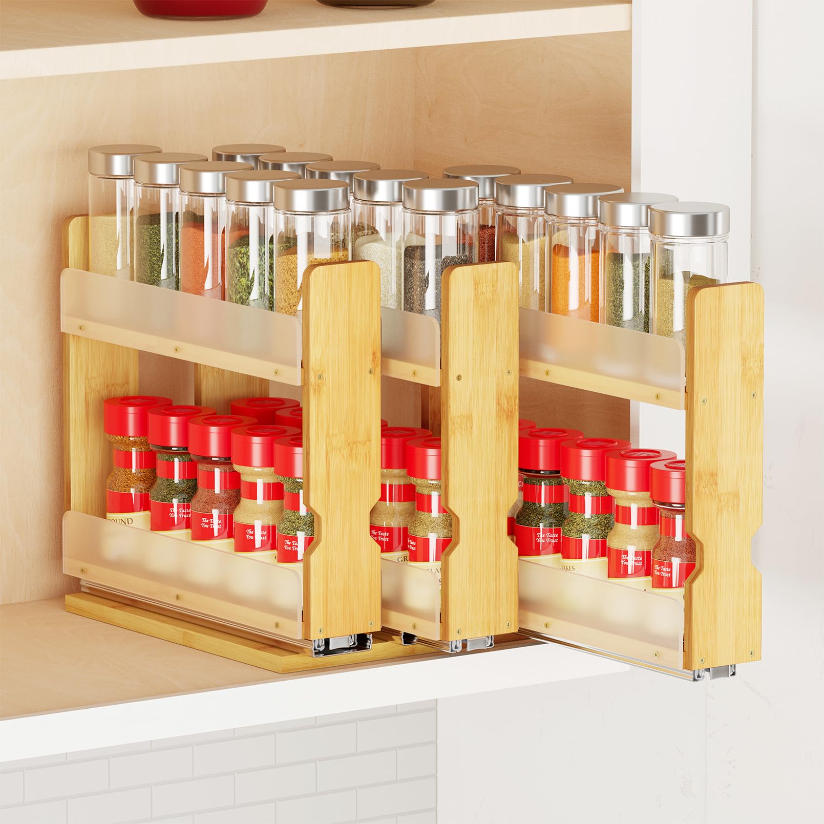 SpaceAid Bamboo Pull Out Spice Rack Organizer for Cabinet, Heavy Duty Slide Out Seasoning Kitchen Pantry Sliding Vertical Organization, 7.6" Wide, 3 Drawers(2" Wide), 2-Tier