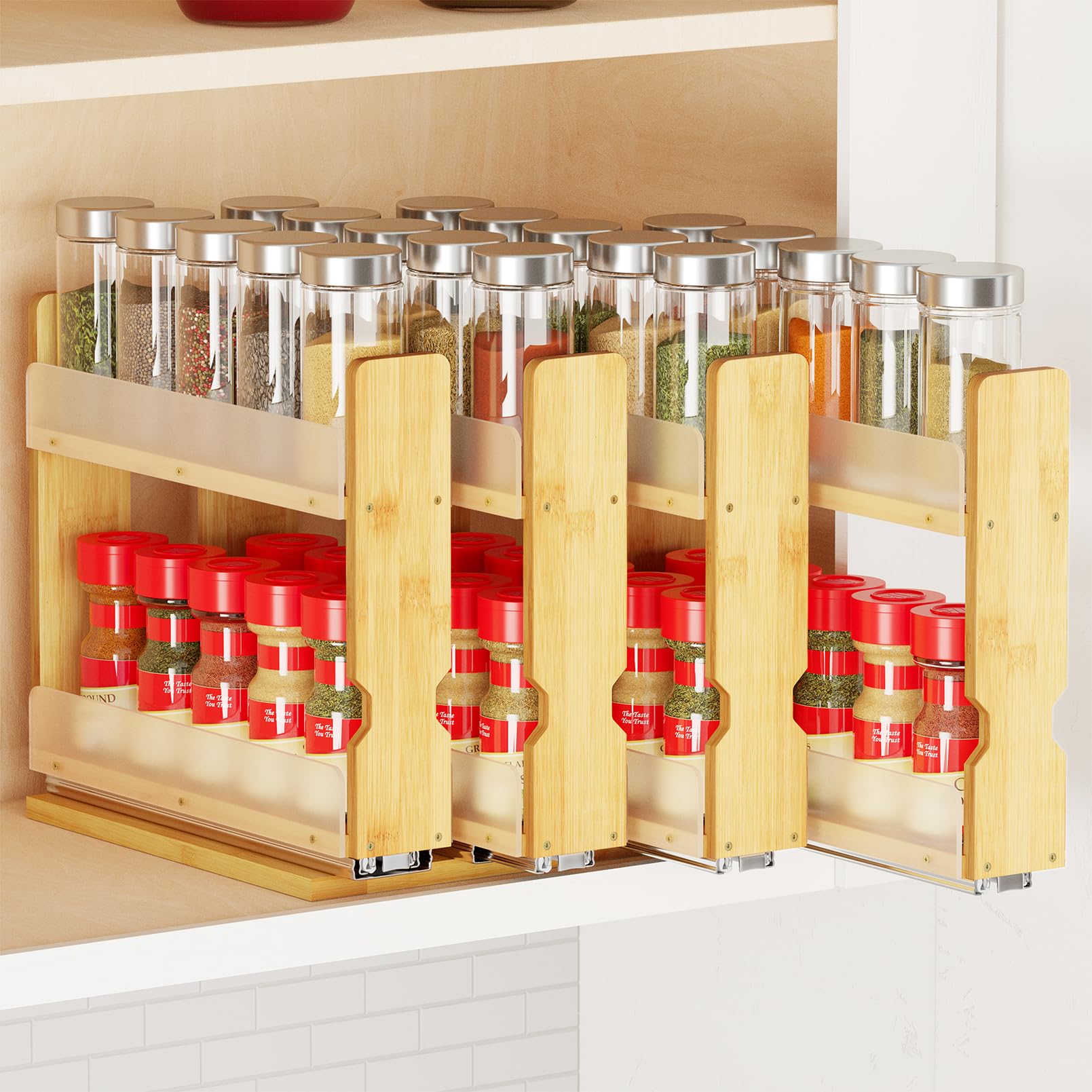 SpaceAid Bamboo Pull Out Spice Rack Organizer for Cabinet, Heavy Duty Slide Out Seasoning Kitchen Pantry Sliding Vertical Organization, 7.6" Wide, 3 Drawers(2" Wide), 2-Tier