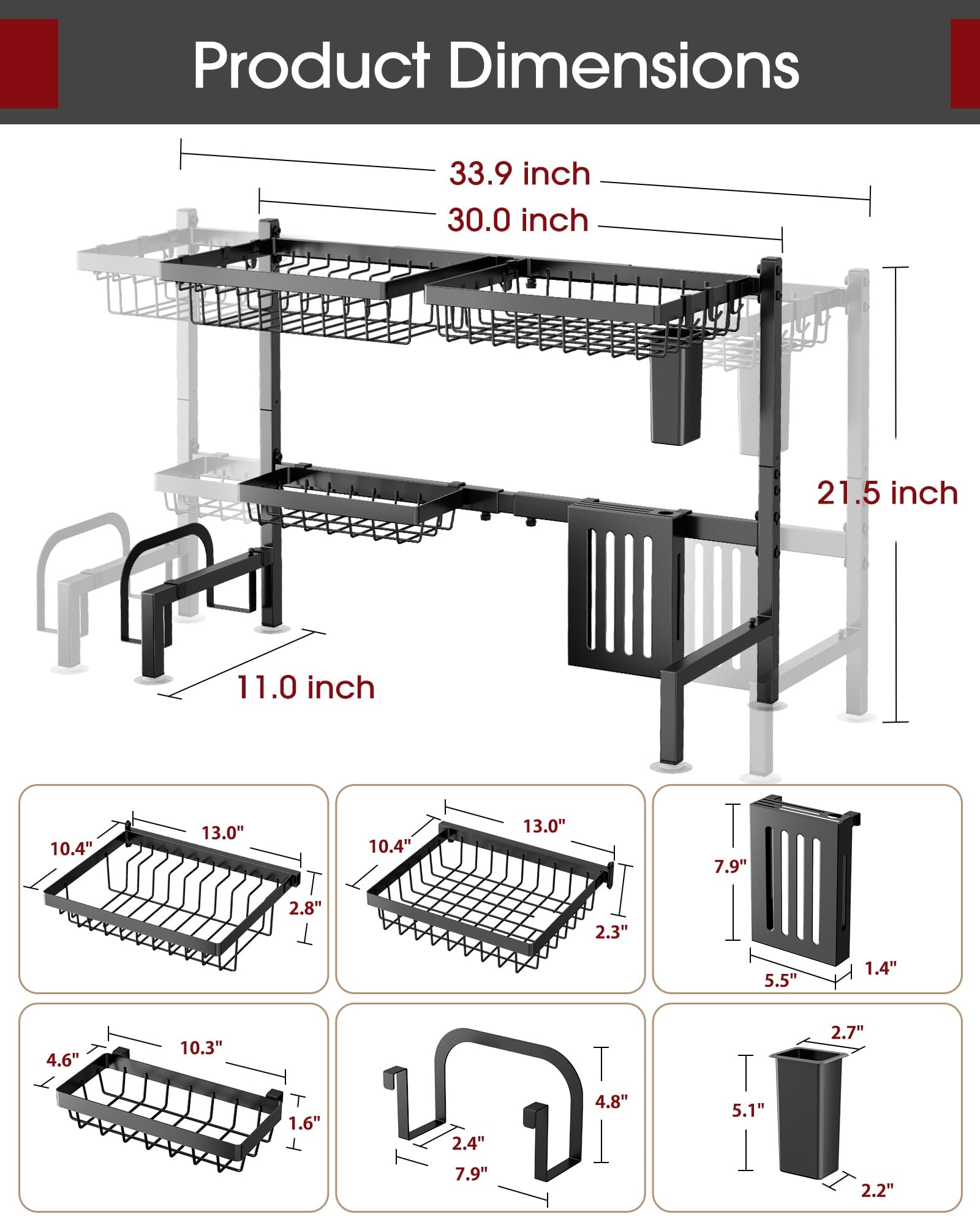 Sakugi Over The Sink Dish Drying Rack - Adjustable Stainless Steel Drainer with Cutlery & Utensil Holders, Kitchen Storage & Organization