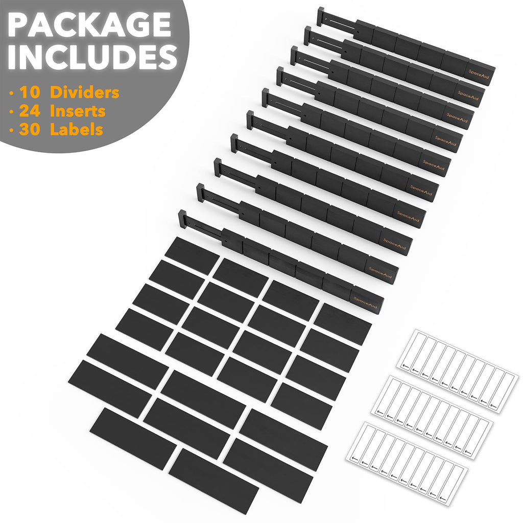 SpaceAid Bamboo Drawer Dividers with Inserts and Labels, Kitchen Adjustable Drawer Organizers, Expandable Organization for Home, Office, Dressers, 4 Dividers with 9 Inserts