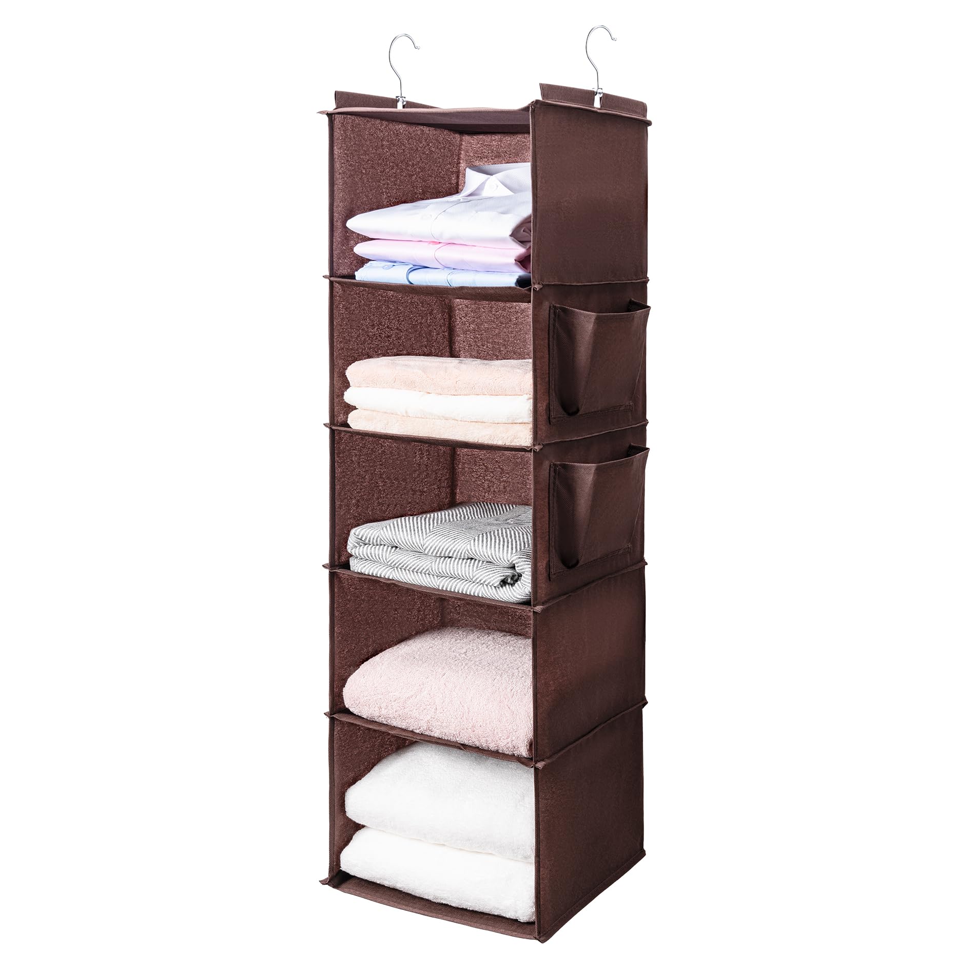 BOOMIBOO Hanging Closet Organize and Shelves，5-Hanging Shelf with 2 Side Pockets，Storage Foldable