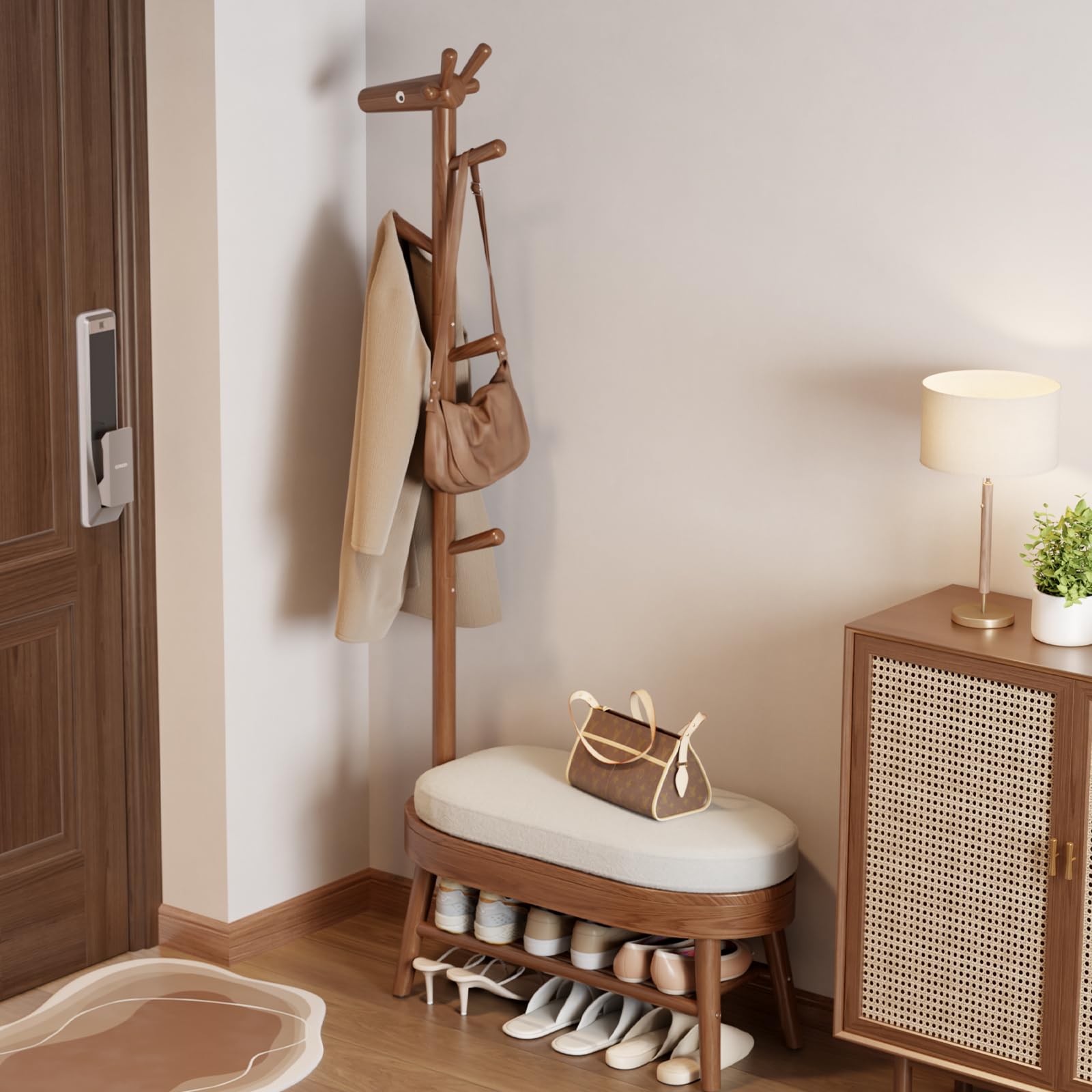 AQIMUELE Solid Wood Shoe Bench and Coat Rack