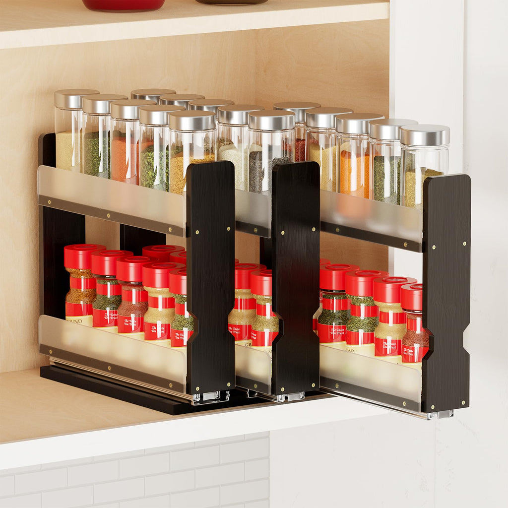 SpaceAid Bamboo Pull Out Spice Rack Organizer for Cabinet, Heavy Duty Slide Out Seasoning Kitchen Pantry Sliding Vertical Organization, 7.6" Wide, 3 Drawers(2" Wide), 2-Tier
