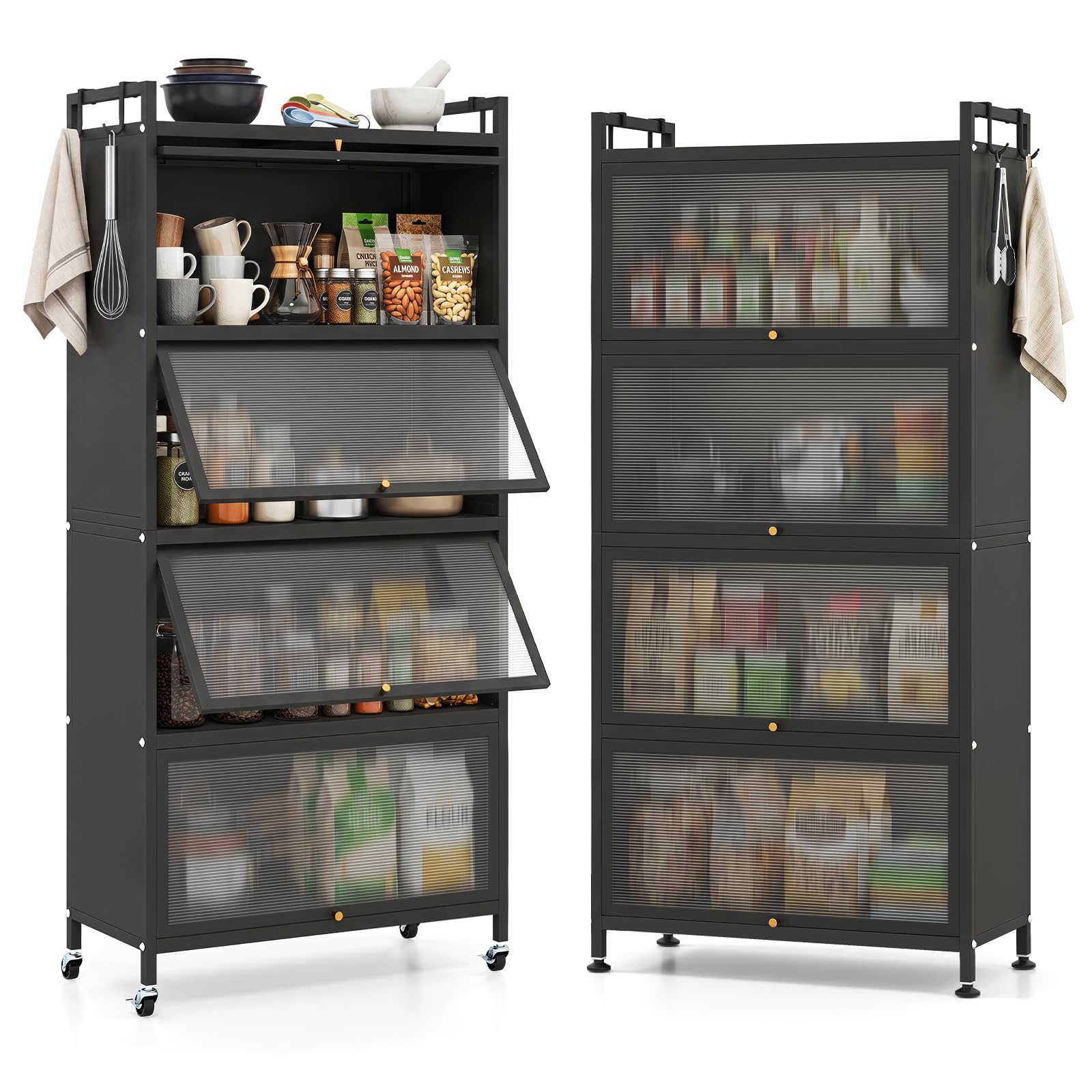 Giantex 5-Tier Kitchen Storage Cabinet, Mobile Microwave Stand with Flip-up PC Doors, Freestanding Kitchen Bakers Rack with 4 Rolling Casters, for Dining Room, Living Room and Study