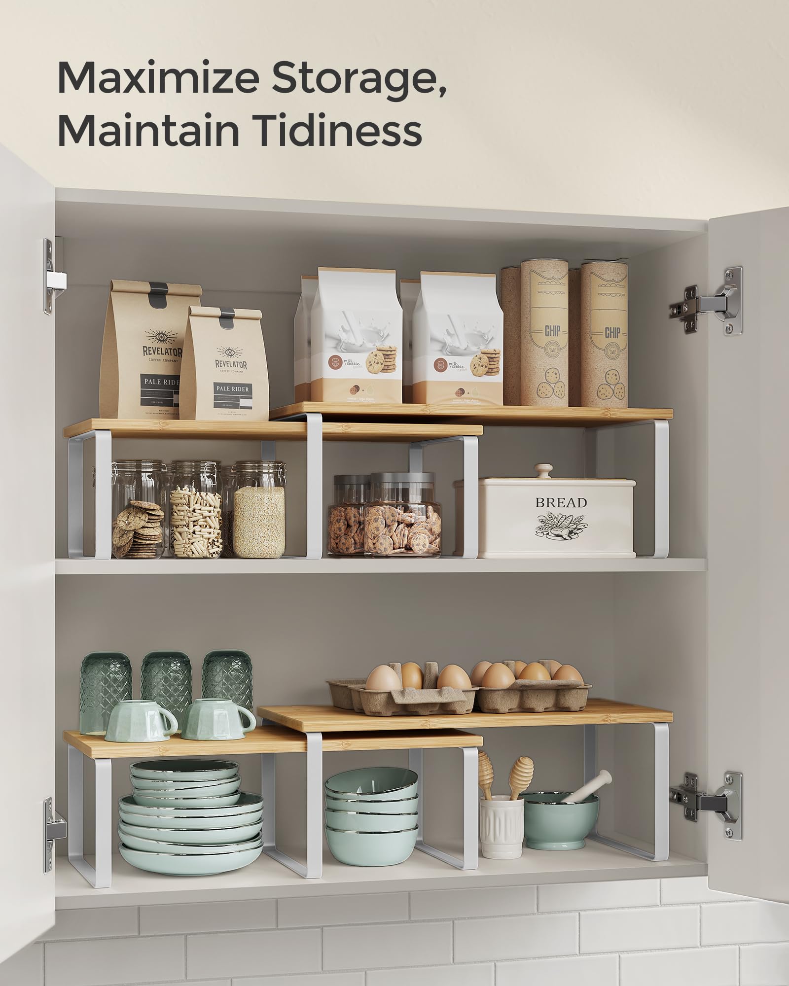 SONGMICS Cabinet Organizer Shelf, Set of 2 Kitchen Counter Shelves, Kitchen Storage, Spice Rack, Stackable, Expandable, Metal and Engineered Wood