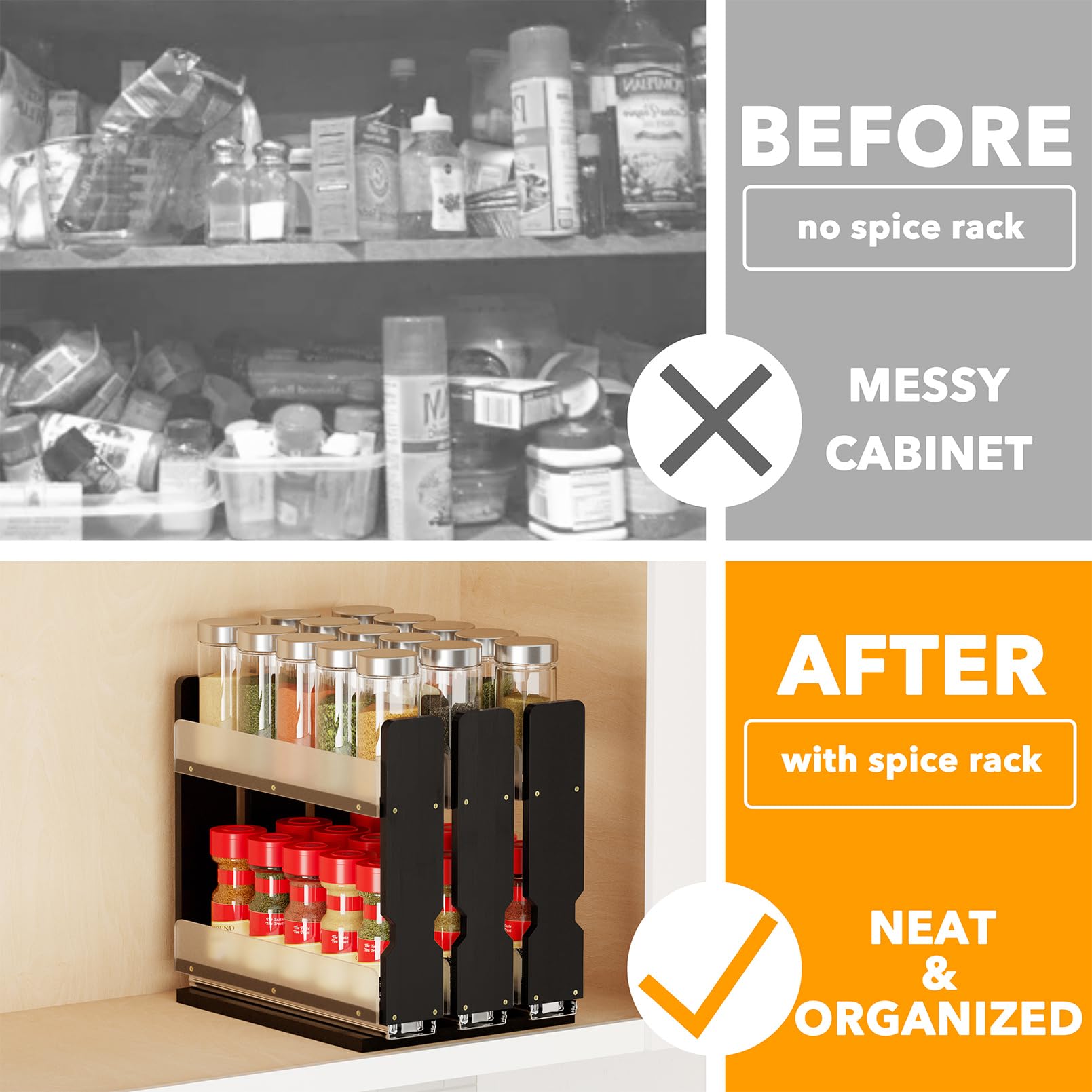 SpaceAid Bamboo Pull Out Spice Rack Organizer for Cabinet, Heavy Duty Slide Out Seasoning Kitchen Pantry Sliding Vertical Organization, 7.6" Wide, 3 Drawers(2" Wide), 2-Tier