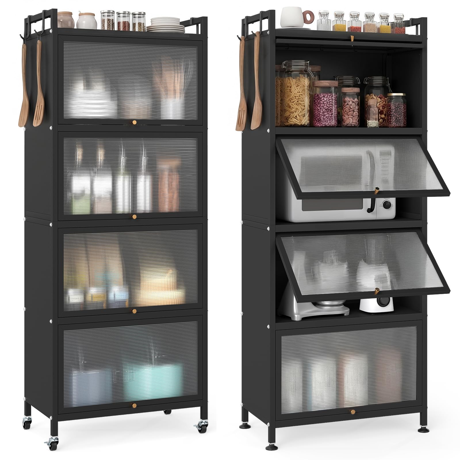 Giantex 5-Tier Kitchen Storage Cabinet, Mobile Microwave Stand with Flip-up PC Doors, Freestanding Kitchen Bakers Rack with 4 Rolling Casters, for Dining Room, Living Room and Study