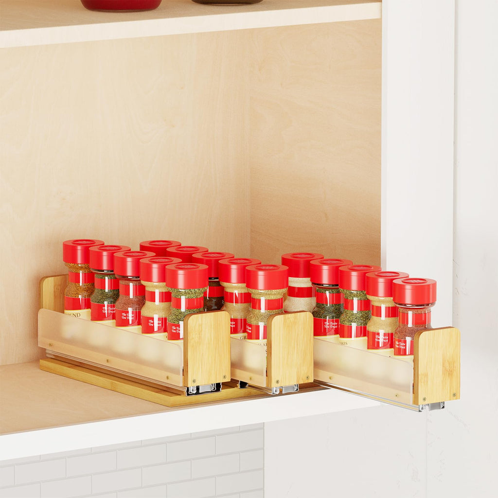SpaceAid Bamboo Pull Out Spice Rack Organizer for Cabinet, Heavy Duty Slide Out Seasoning Kitchen Pantry Sliding Vertical Organization, 7.6" Wide, 3 Drawers(2" Wide), 2-Tier