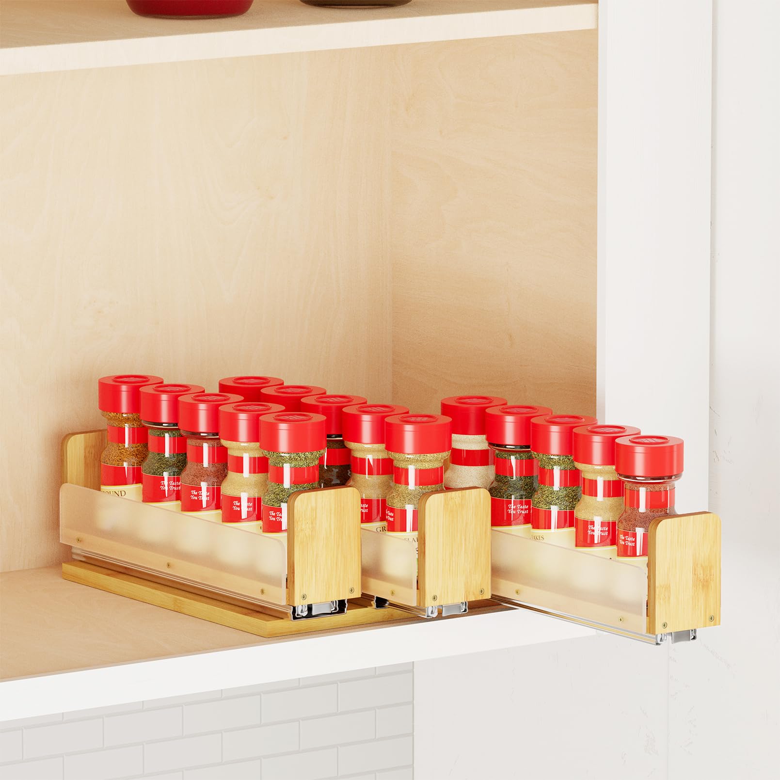 SpaceAid Bamboo Pull Out Spice Rack Organizer for Cabinet, Heavy Duty Slide Out Seasoning Kitchen Pantry Sliding Vertical Organization, 7.6" Wide, 3 Drawers(2" Wide), 2-Tier
