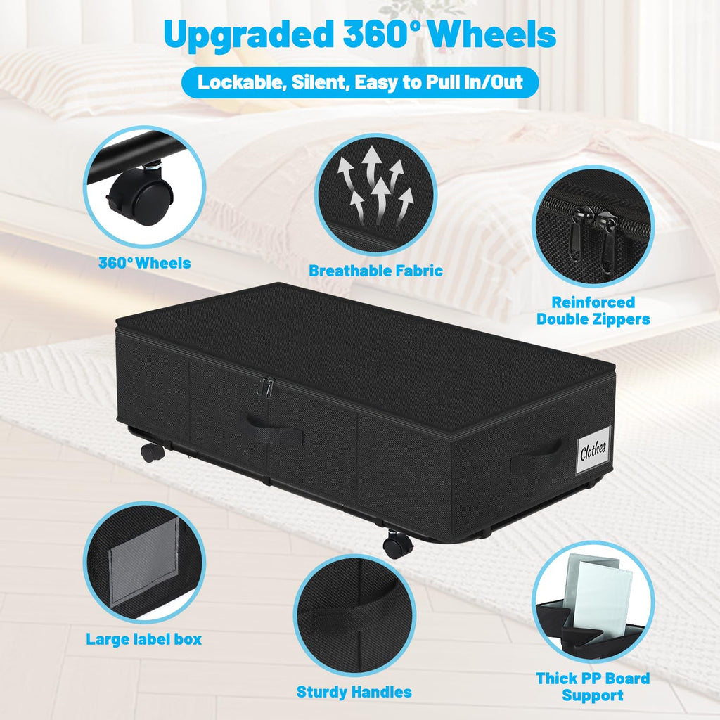 Under Bed Storage with Wheels, 2-Pack 10" Height XXL 60L Rolling Storage Bins, Quick Assembly Underbed Shoe Storage Containers with Clear Lid & Label, Dorm Under bed Drawers for Clothes, Shoes