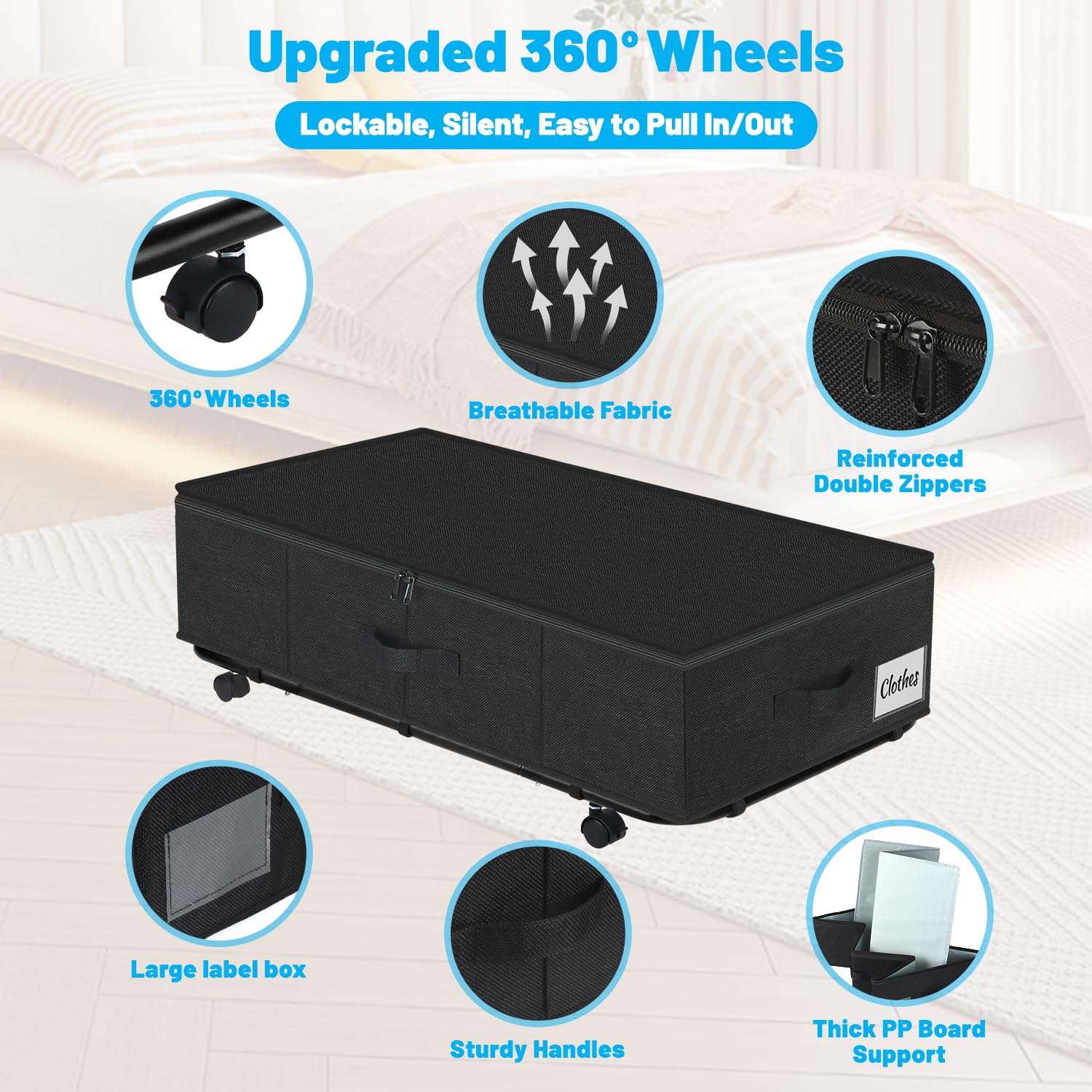 Under Bed Storage with Wheels, 2-Pack 10" Height XXL 60L Rolling Storage Bins, Quick Assembly Underbed Shoe Storage Containers with Clear Lid & Label, Dorm Under bed Drawers for Clothes, Shoes