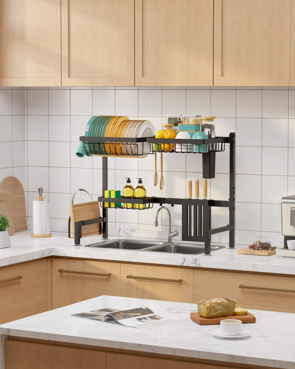 Sakugi Over The Sink Dish Drying Rack - Adjustable Stainless Steel Drainer with Cutlery & Utensil Holders, Kitchen Storage & Organization