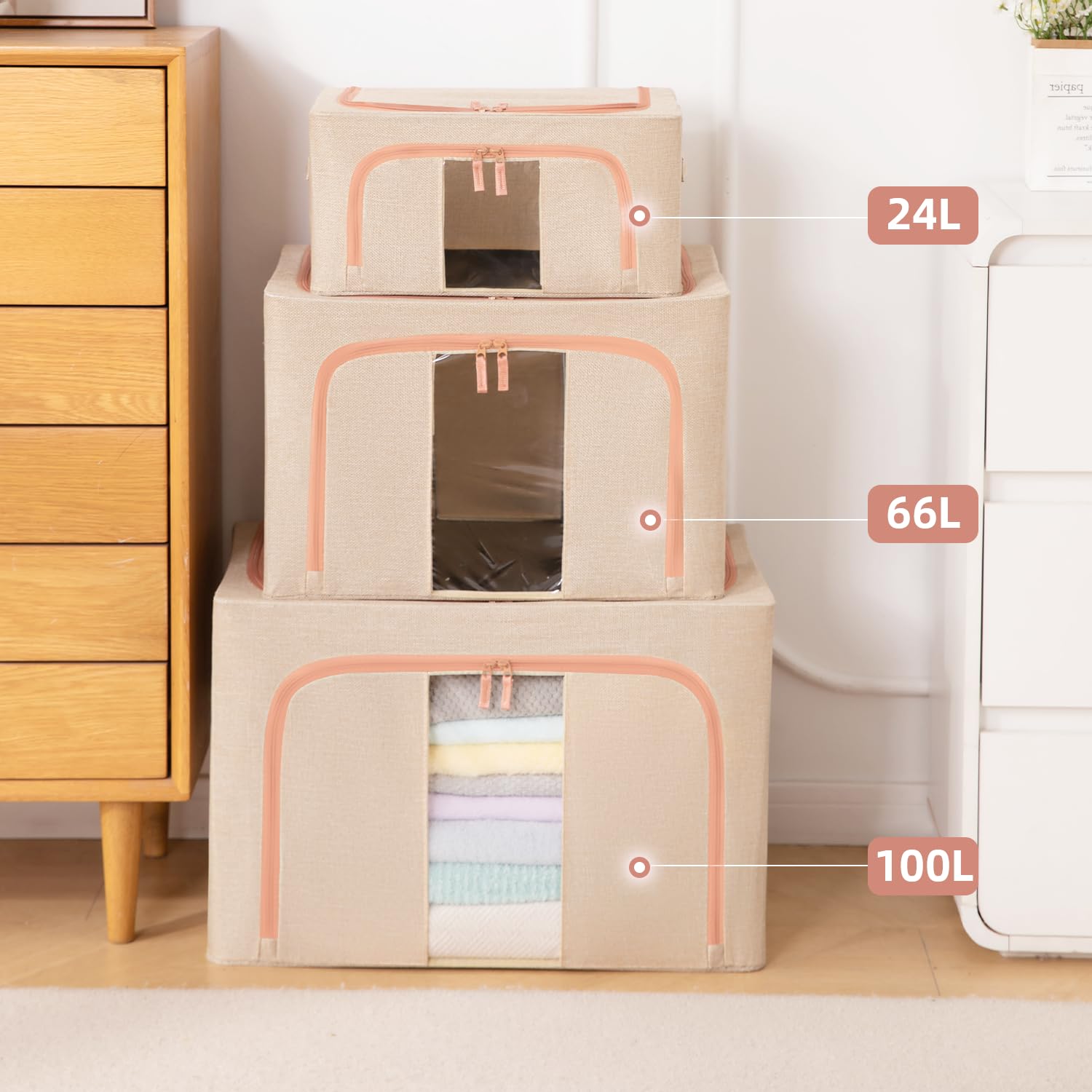 GuliPostan 3 Pack 100L Stackable Clothes Storage Bins with Metal Frame Handles & Zipper, Collapsible Closet Organizer Box with Lid for Bedding Blankets Towel (Beige)