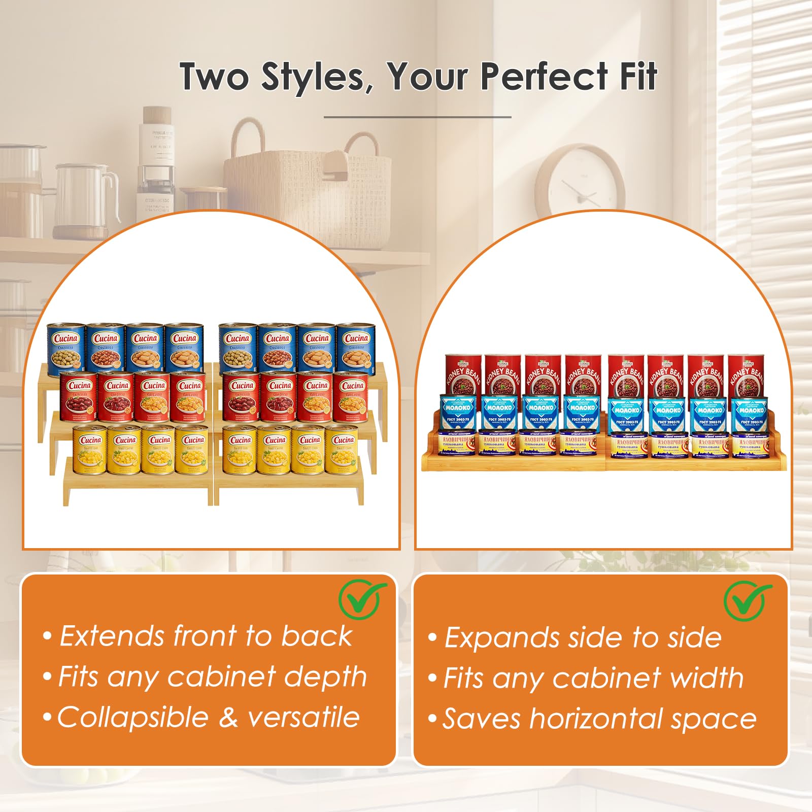 2 Sets Bamboo Can Organizer for Pantry, 3-Tier 6-Piece Adjustable Cabinet Can Display Rack, Soda Can Organizer Holds Up to 31 Cans, Canned Goods Storage Holder for Pantry, Cabinet, Countertop