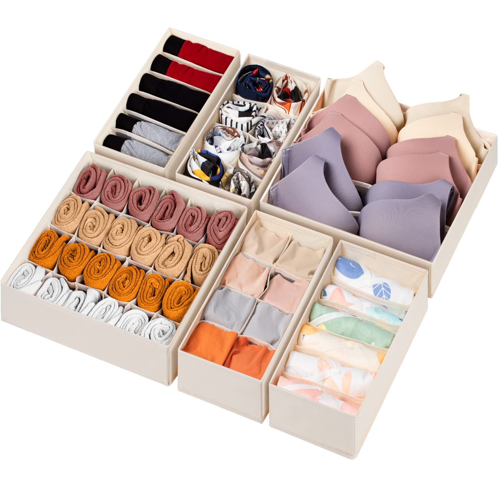 Criusia Sock Underwear Drawer Organizer Dividers, Fabric Foldable Dresser Closet Organizers and Storage Bins for Baby Clothing, Women Men Underwear Socks, Bra, Ties, Scarf