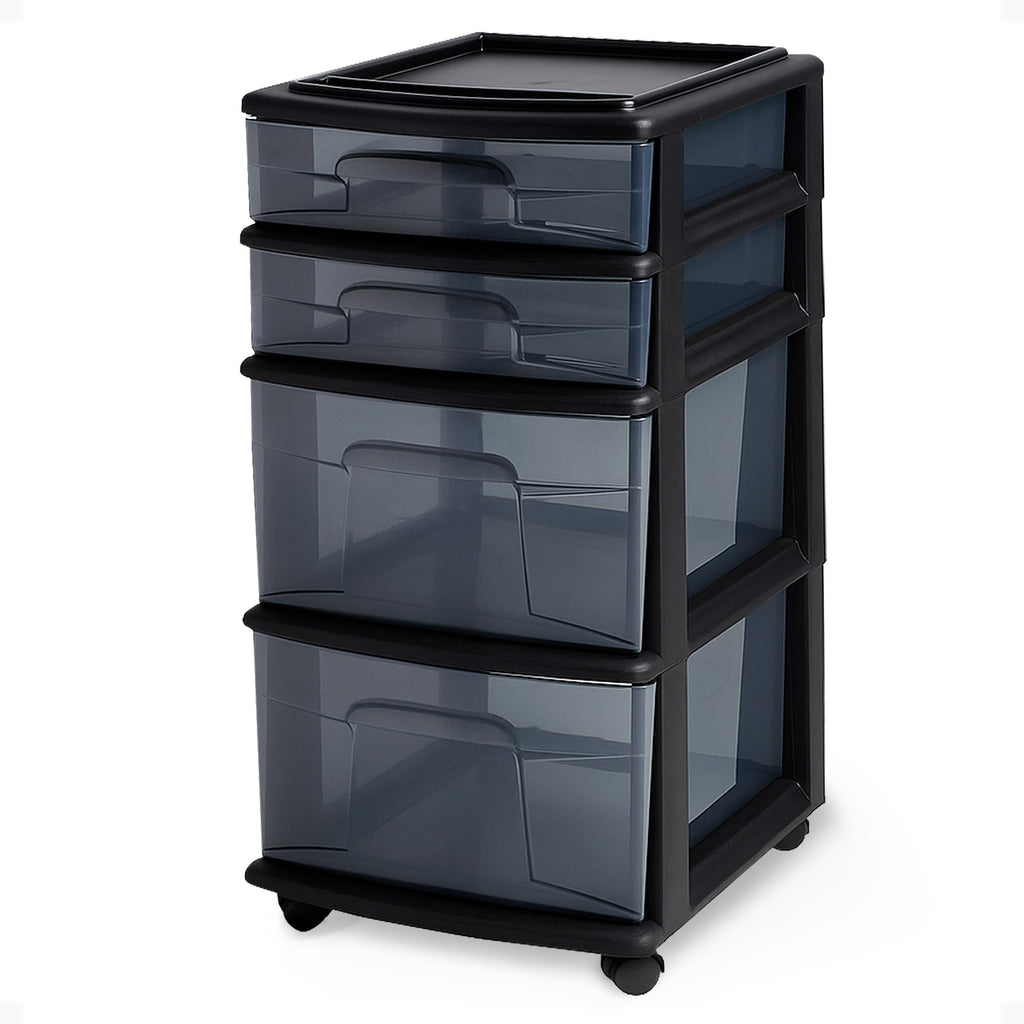HOMZ Drawer Tower, 4-Tier Clear Plastic Storage Organizer Cart - Organizing Containers with Wheels for Home, Bathroom, Bedroom, Office, and Classroom