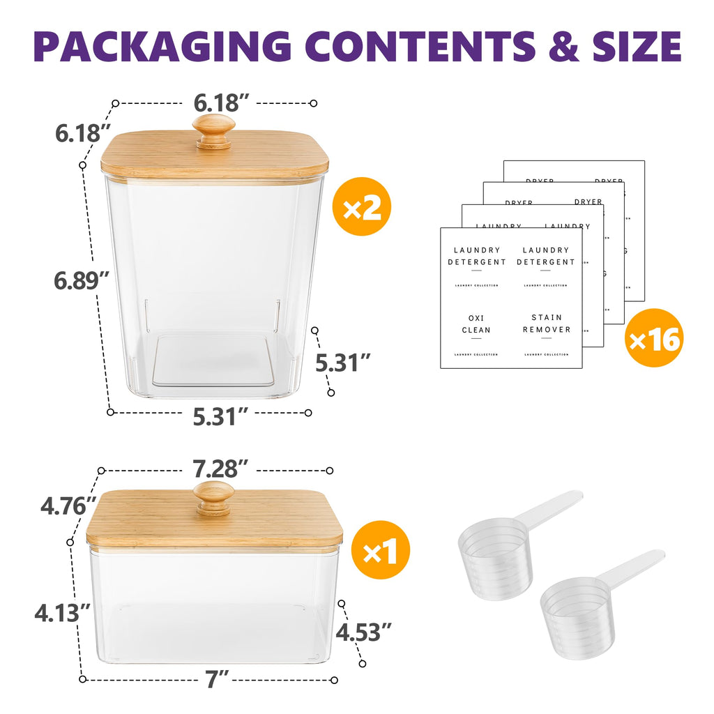 Moforoco 4 Pack Laundry Pods Container, Clear Laundry Room Organization Containers,Large Detergent Powder Storage, Black Wooden Lids & Labels, Acrylic Pods Holder