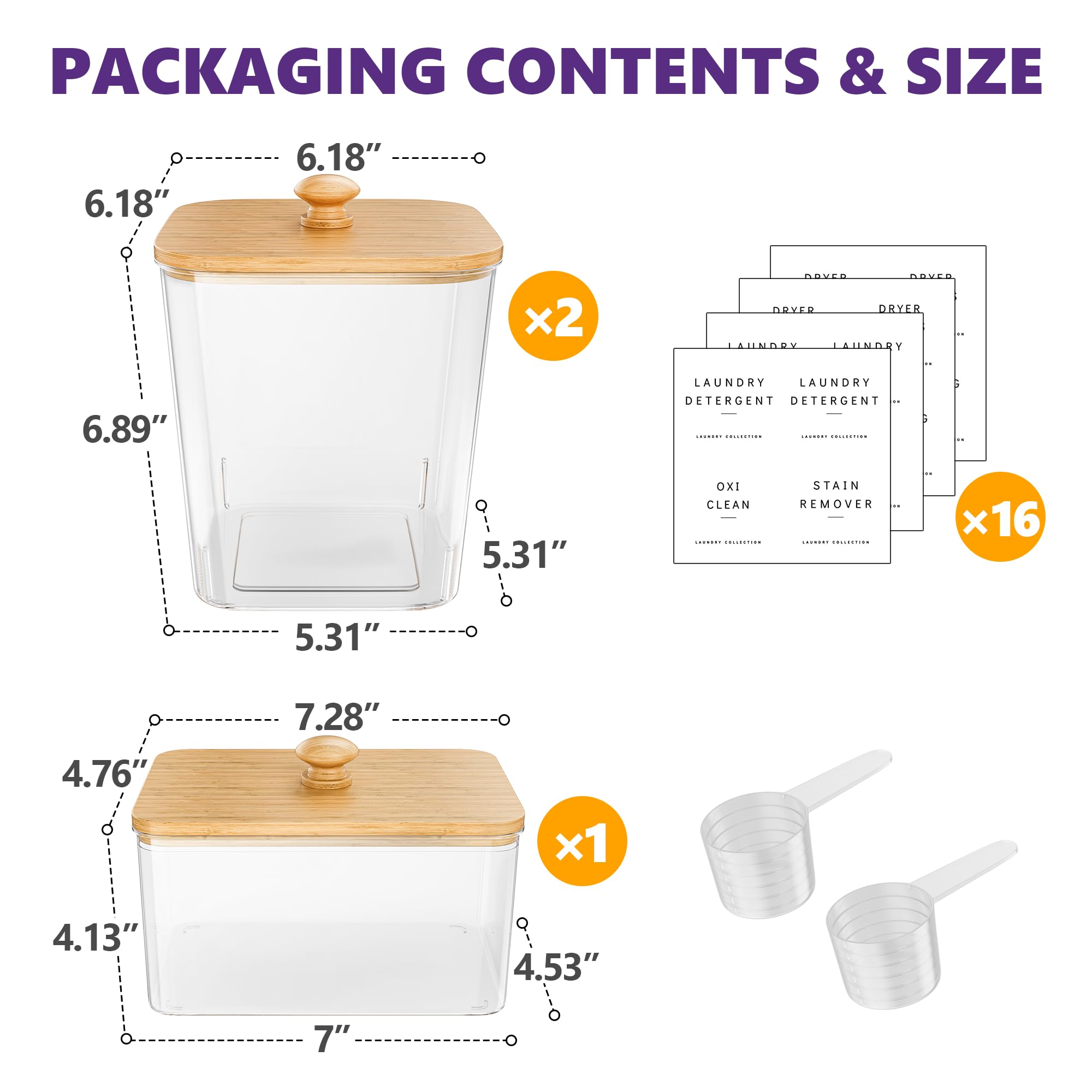 Moforoco 4 Pack Laundry Pods Container, Clear Laundry Room Organization Containers,Large Detergent Powder Storage, Black Wooden Lids & Labels, Acrylic Pods Holder