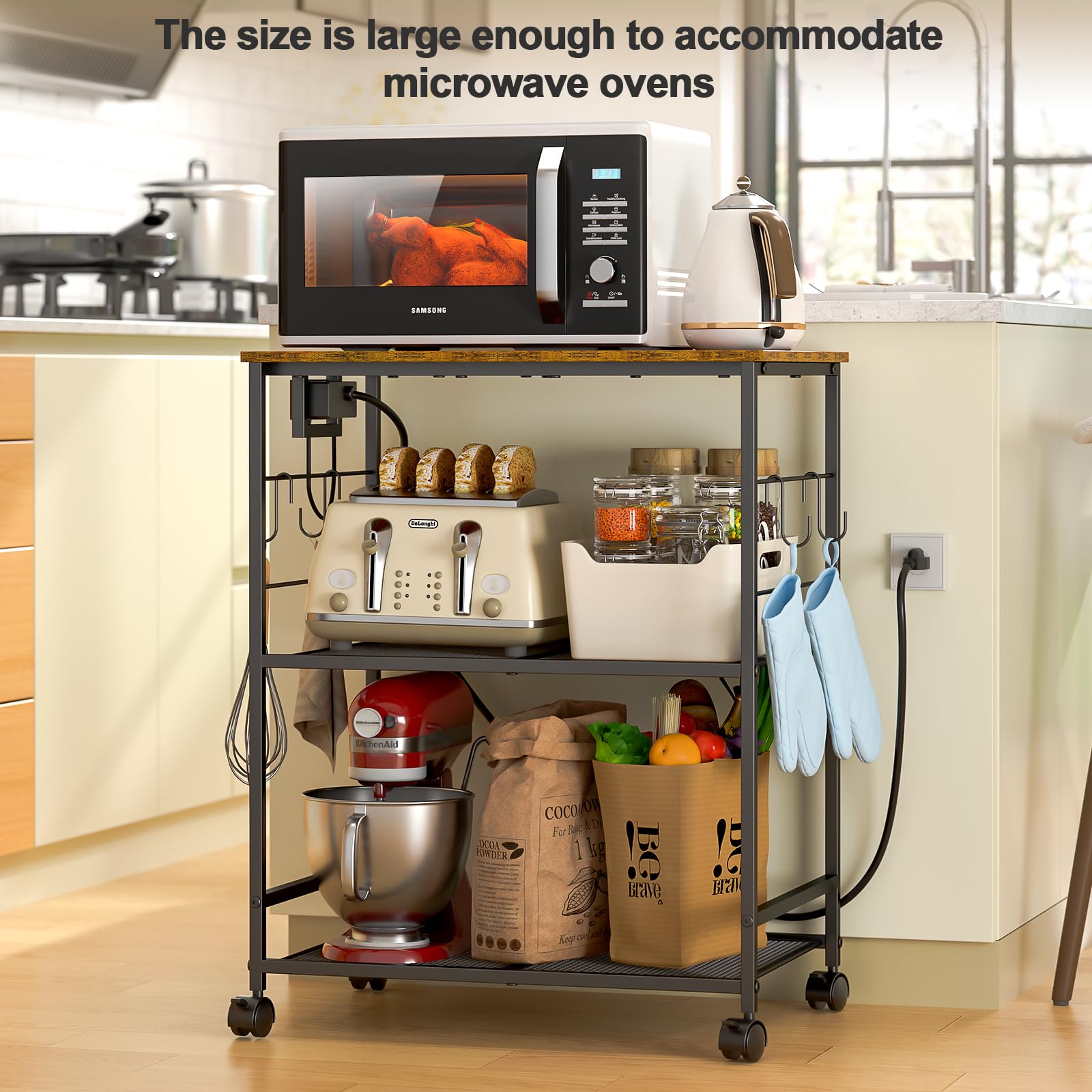 ThreeHio Rolling Kitchen Microwave Cart, 3 Tier Microwave Table Stand with Storage, Kitchen Utility Cart on Lockable Wheels, Small Coffee Cart Shelf Rack Organizer for Living Room Office, Balcony