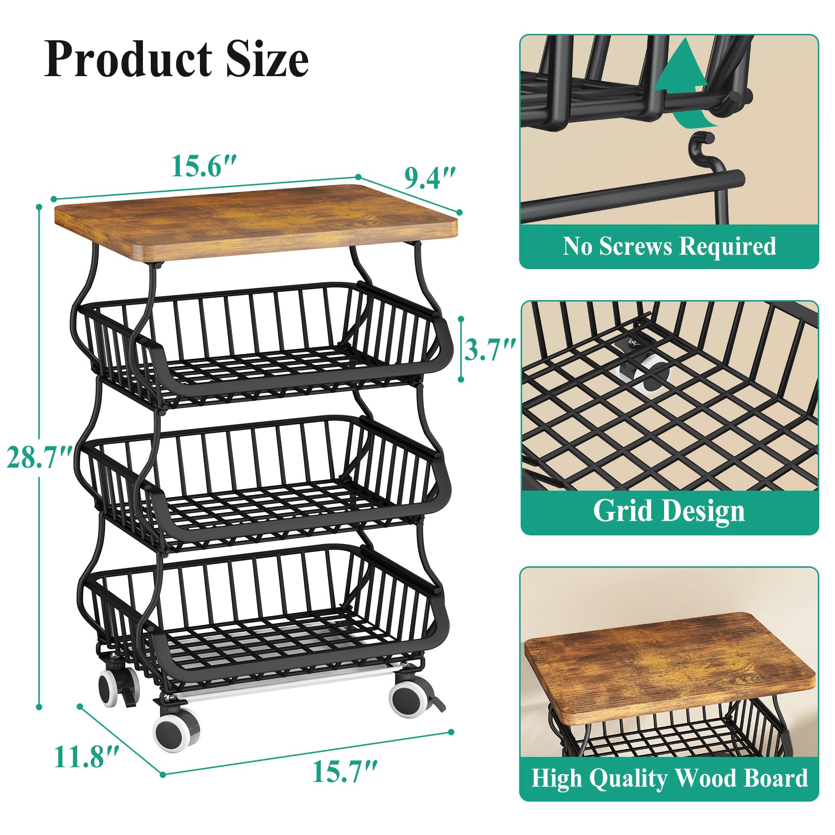 SAYZH Fruit Basket Kitchen Pantry Organizers and Storage - Wooden Top Table, Stackable Metal Wire Basket Stand Cart for Fruit Vegetable Snacks Onion Potato Organization
