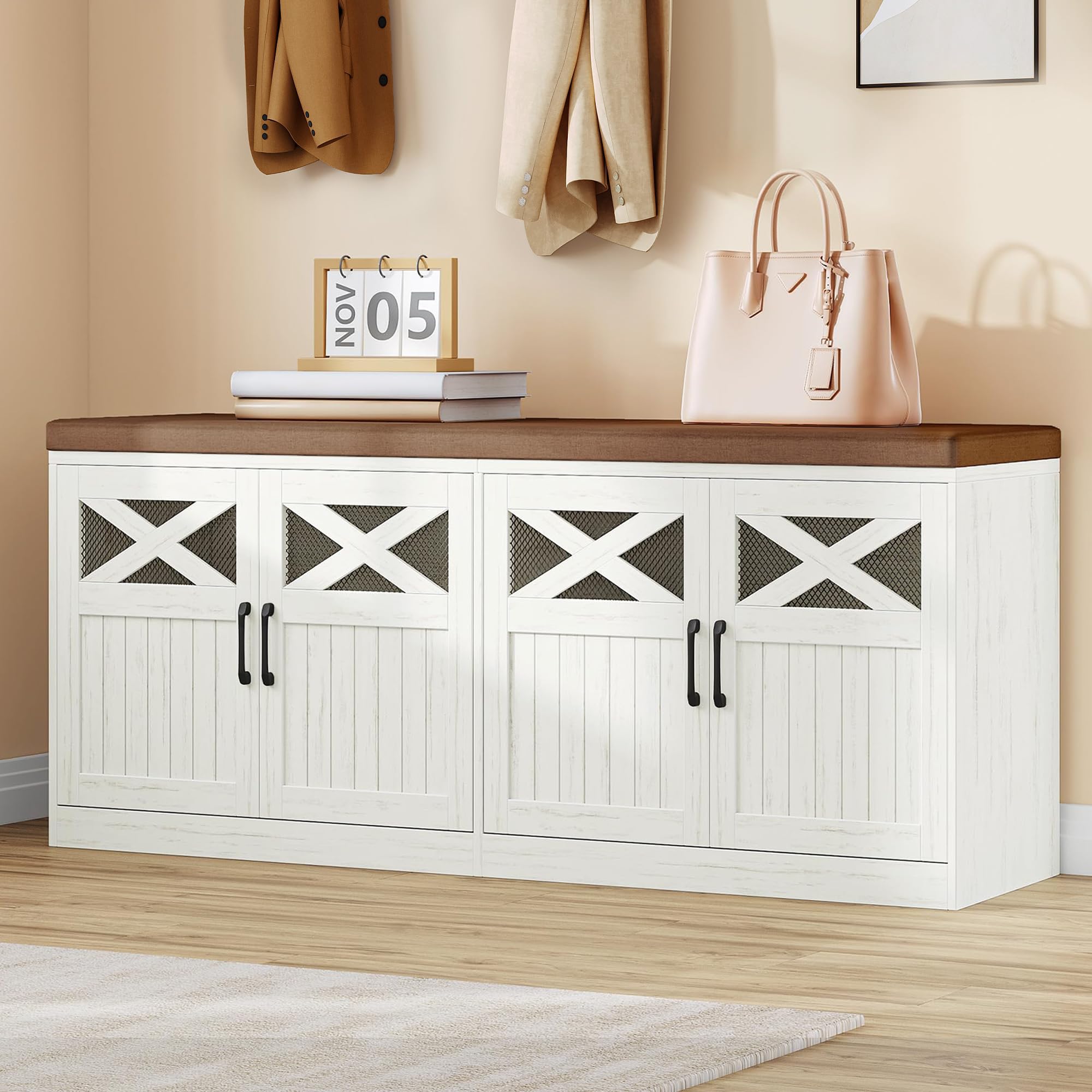 Hzuaneri 2 Tier Shoe Storage Bench with Doors, Shoe Bench with Padded Cushion, Bed End Bench, Entryway Bench with Storage for Bedroom, Living Room
