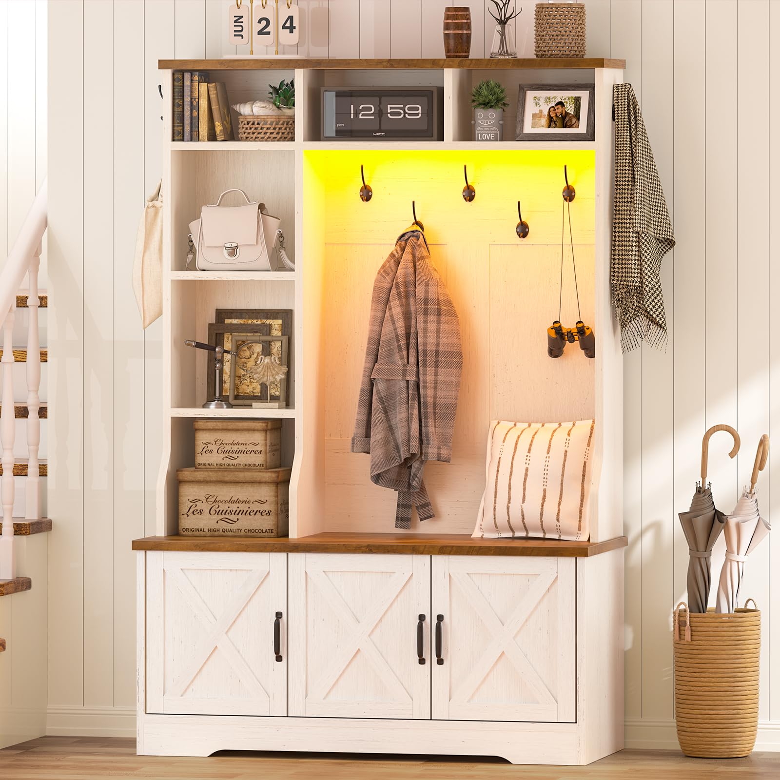 CSZZD Hall Tree with Bench and Shoe Storage, Farmhouse Entryway Bench with Coat Racks and Led Lights, Tall Hall Tree with 7 Coat Hooks, 6 Storage Cubbies