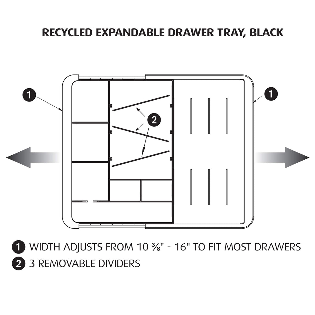 Officemate Expandable Drawer Organizer Tray, Adjustable 10.3"–16" Width, Customizable Compartments with Dividers, Recycled Plastic, Black