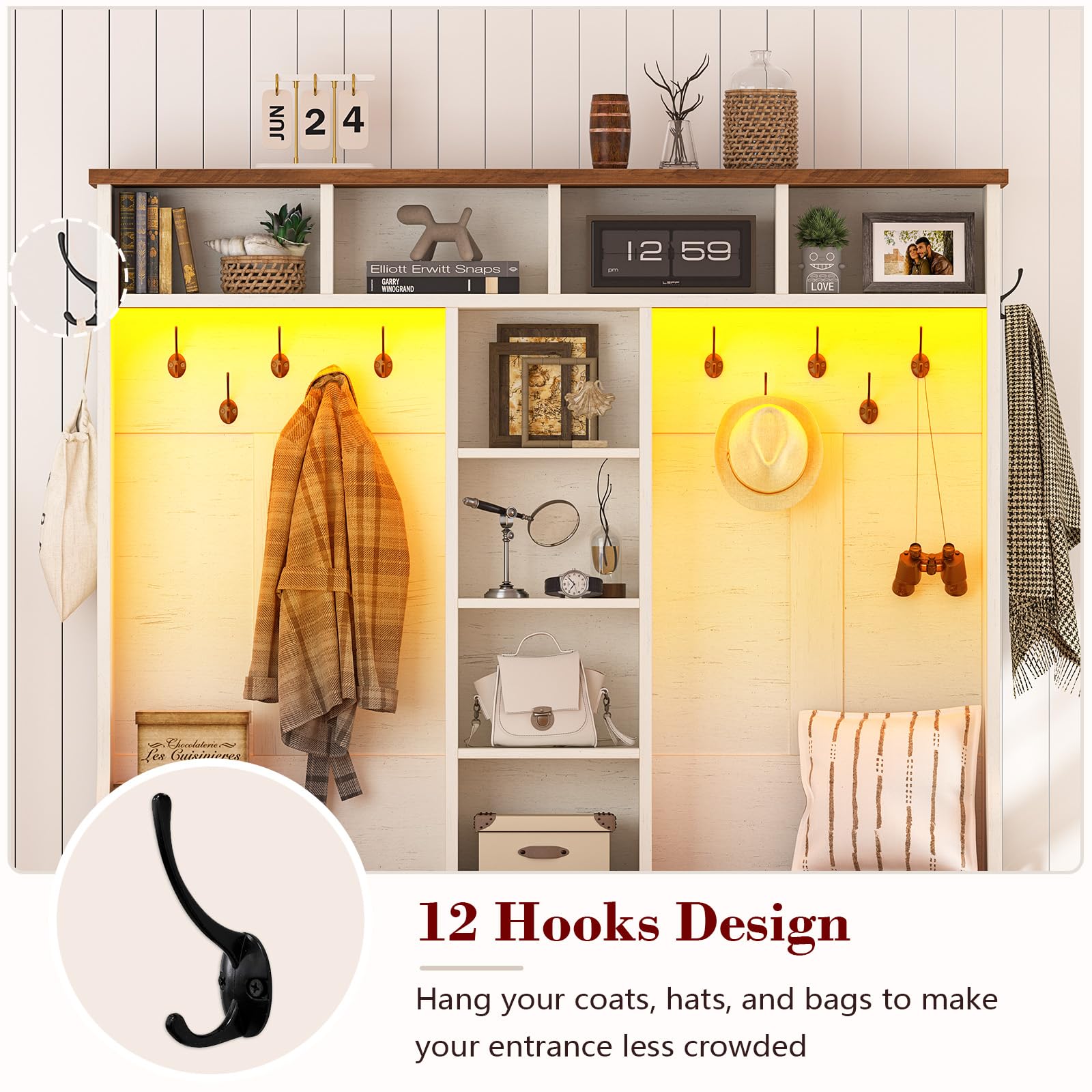 CSZZD Hall Tree with Bench and Shoe Storage, Farmhouse Entryway Bench with Coat Racks and Led Lights, Tall Hall Tree with 7 Coat Hooks, 6 Storage Cubbies