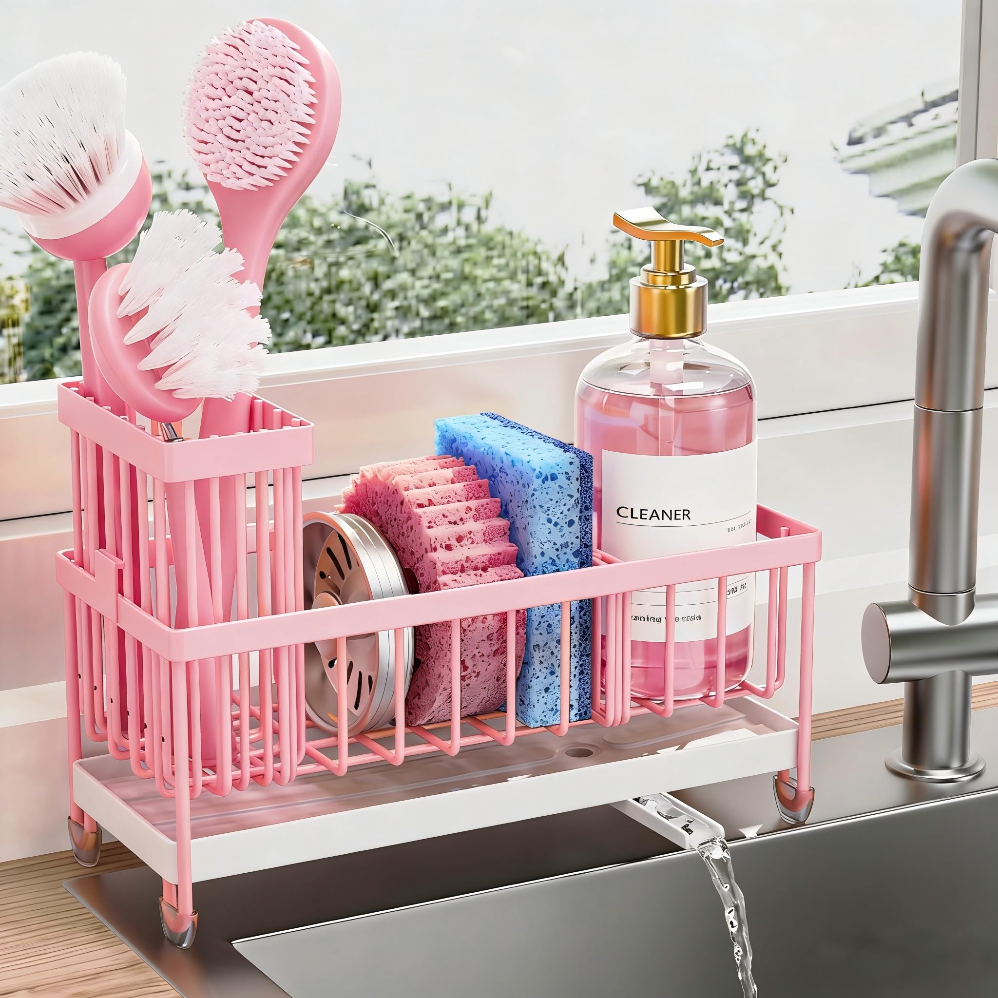 Cisily Sponge Holder for Kitchen Sink, Sink Caddy Organizer with High Brush Holder, Kitchen Countertop Organizers and Storage Essentials