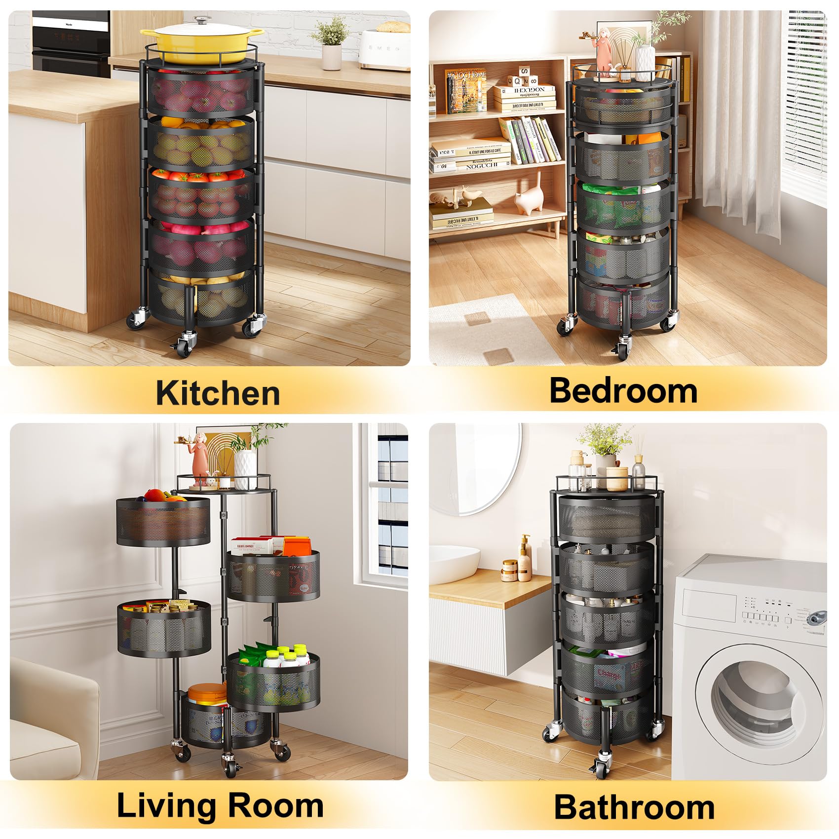 SNTD Fruit and Vegetable Basket Bowls for Kitchen with Metal Top Lid, 5 Tier Rotating Storage Rack Cart for Potato Onion Bread Banana, Wire Basket Organizer on Wheels, Large