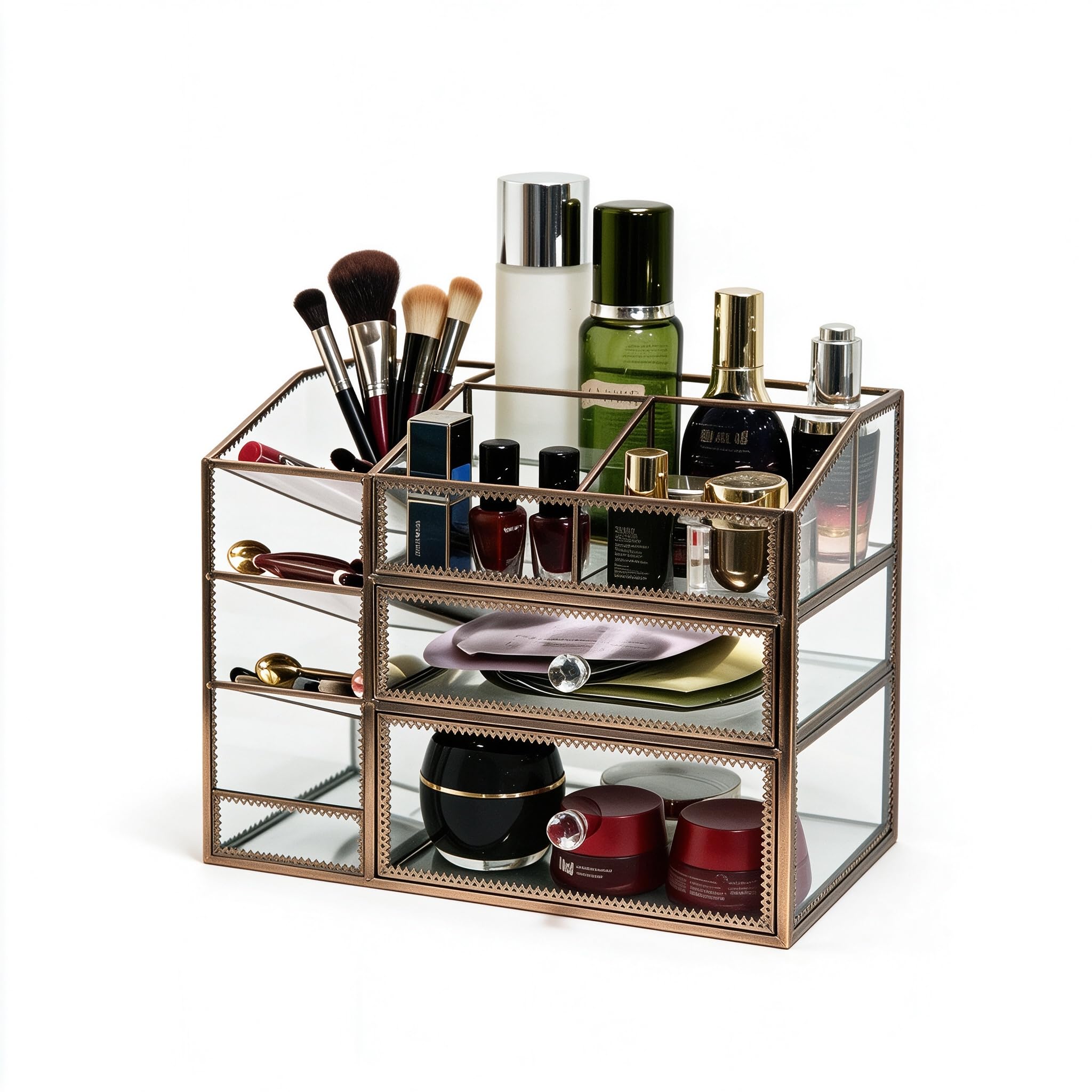 Glass Makeup Organizer for Vanity Countertop, Vintage Lace Cosmetic Storage Cabinet with 2 Drawers, Open Top Lipstick & Skincare Holder, Desktop Beauty Display Case, Available in Gold, Silver & Bronze