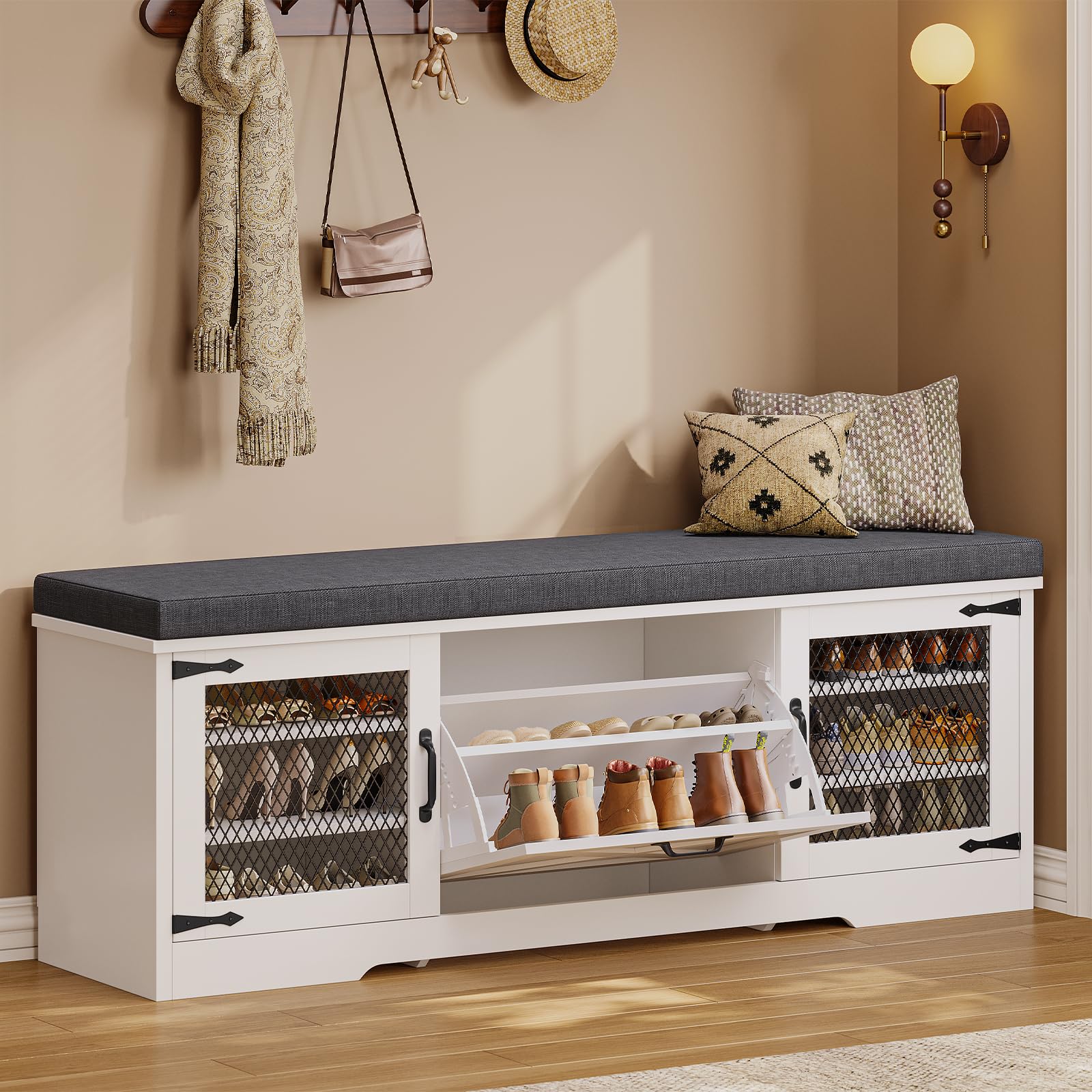 UPOSOJA Farmhouse Storage Bench with Cushion, Metal and Wood Shoe Rack Organizer, Adjustable Shelf, Shoe Cabinet with Half Hidden Storage Space, for Entryway, Bedroom, Living Room