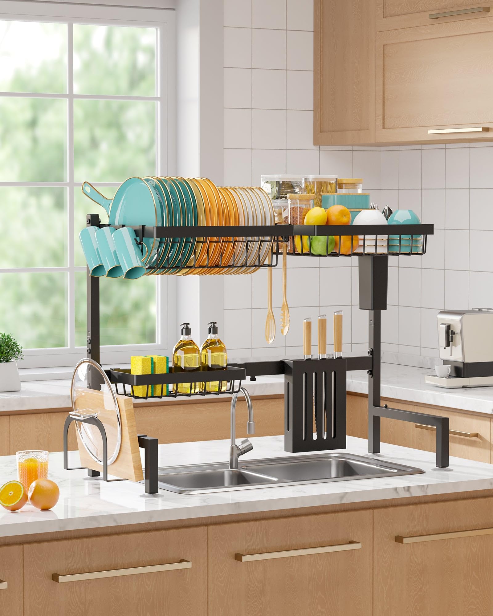 Sakugi Over The Sink Dish Drying Rack - Adjustable Stainless Steel Drainer with Cutlery & Utensil Holders, Kitchen Storage & Organization