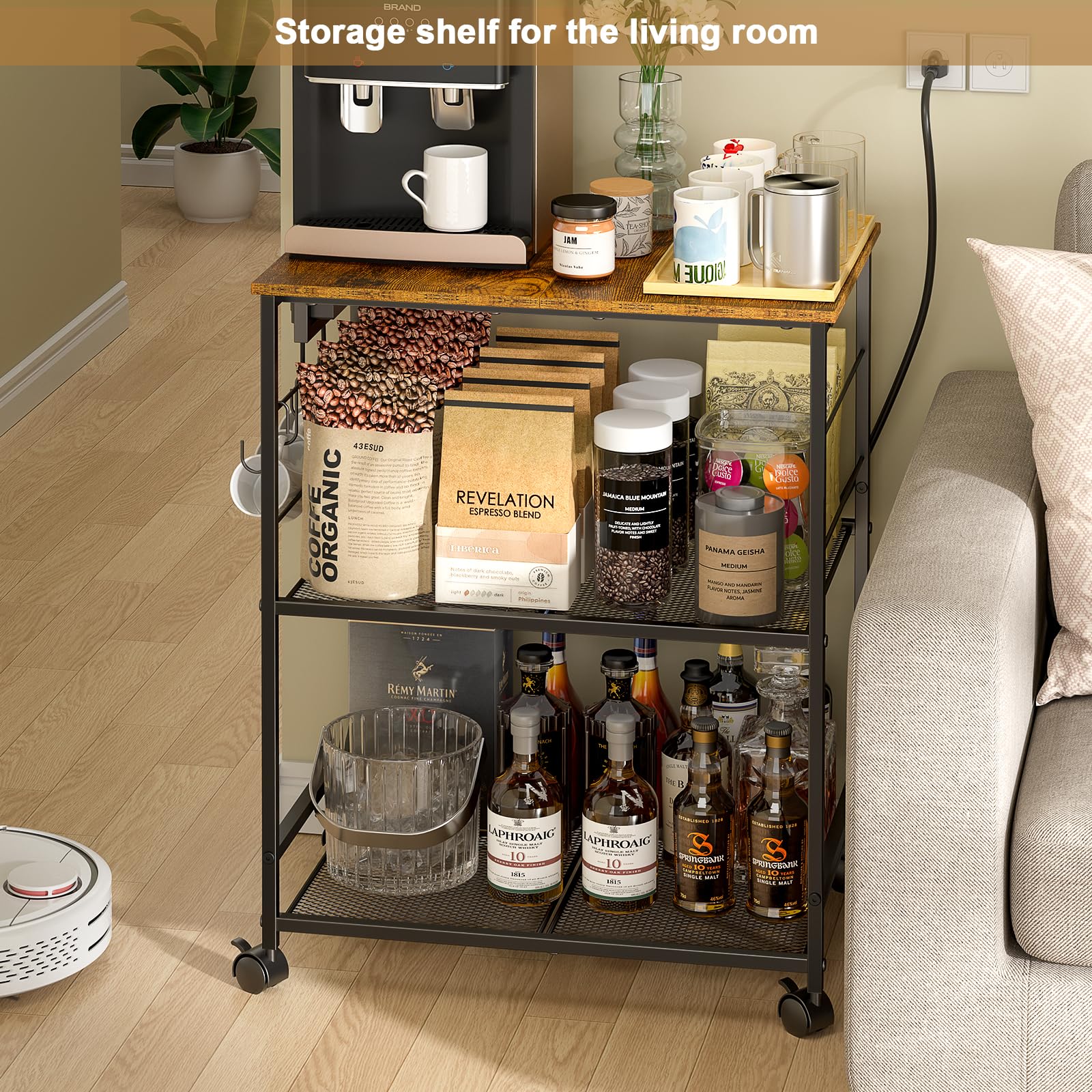 ThreeHio Rolling Kitchen Microwave Cart, 3 Tier Microwave Table Stand with Storage, Kitchen Utility Cart on Lockable Wheels, Small Coffee Cart Shelf Rack Organizer for Living Room Office, Balcony