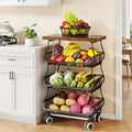 SAYZH Fruit Basket Kitchen Pantry Organizers and Storage - Wooden Top Table, Stackable Metal Wire Basket Stand Cart for Fruit Vegetable Snacks Onion Potato Organization