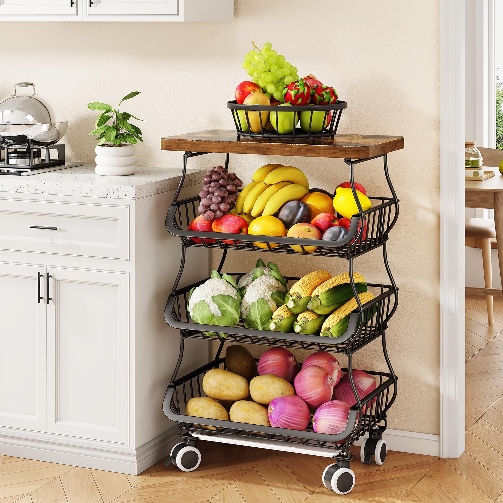 SAYZH Fruit Basket Kitchen Pantry Organizers and Storage - Wooden Top Table, Stackable Metal Wire Basket Stand Cart for Fruit Vegetable Snacks Onion Potato Organization