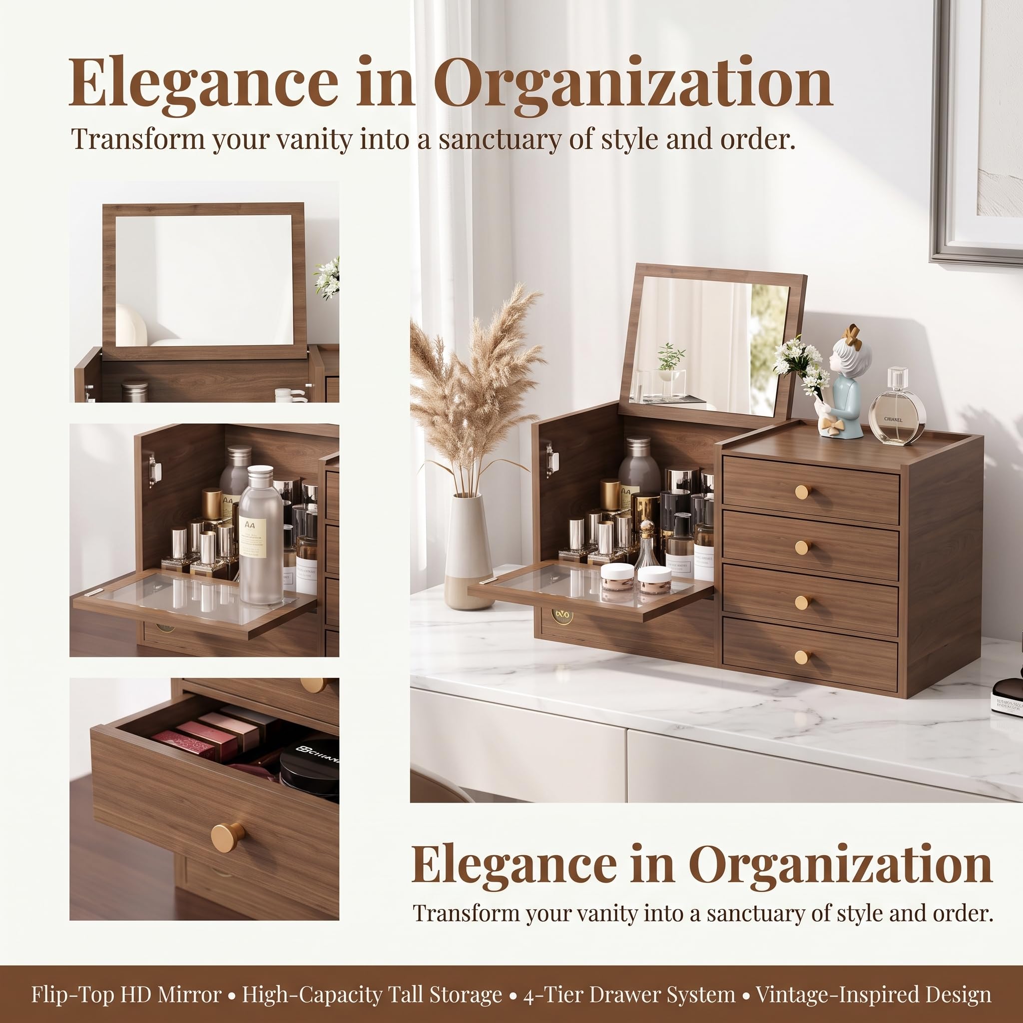SHENJIA Wooden Makeup Organizer with 4 Drawers and Built-in Mirror - Solid Wood Storage Box for Makeup Accessories and Jewelry - Compact Dressing Table Organizer