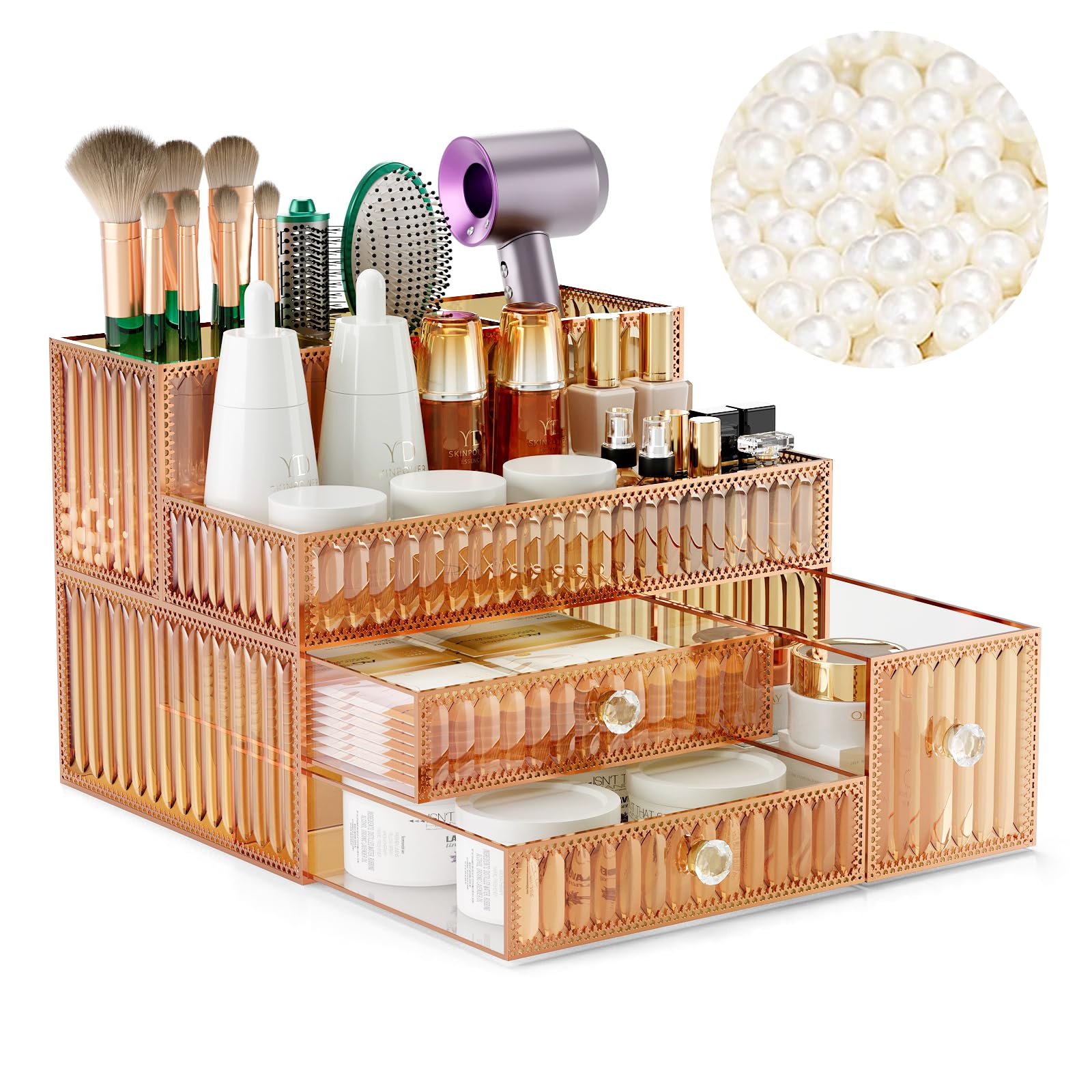 Youdepot Makeup Organizer - Tempered Glass Vanity Organizer for Cosmetics, Skincare, Hair Tools, Brushes, Perfume - Multipurpose Bathroom Counter Skincare Organizer