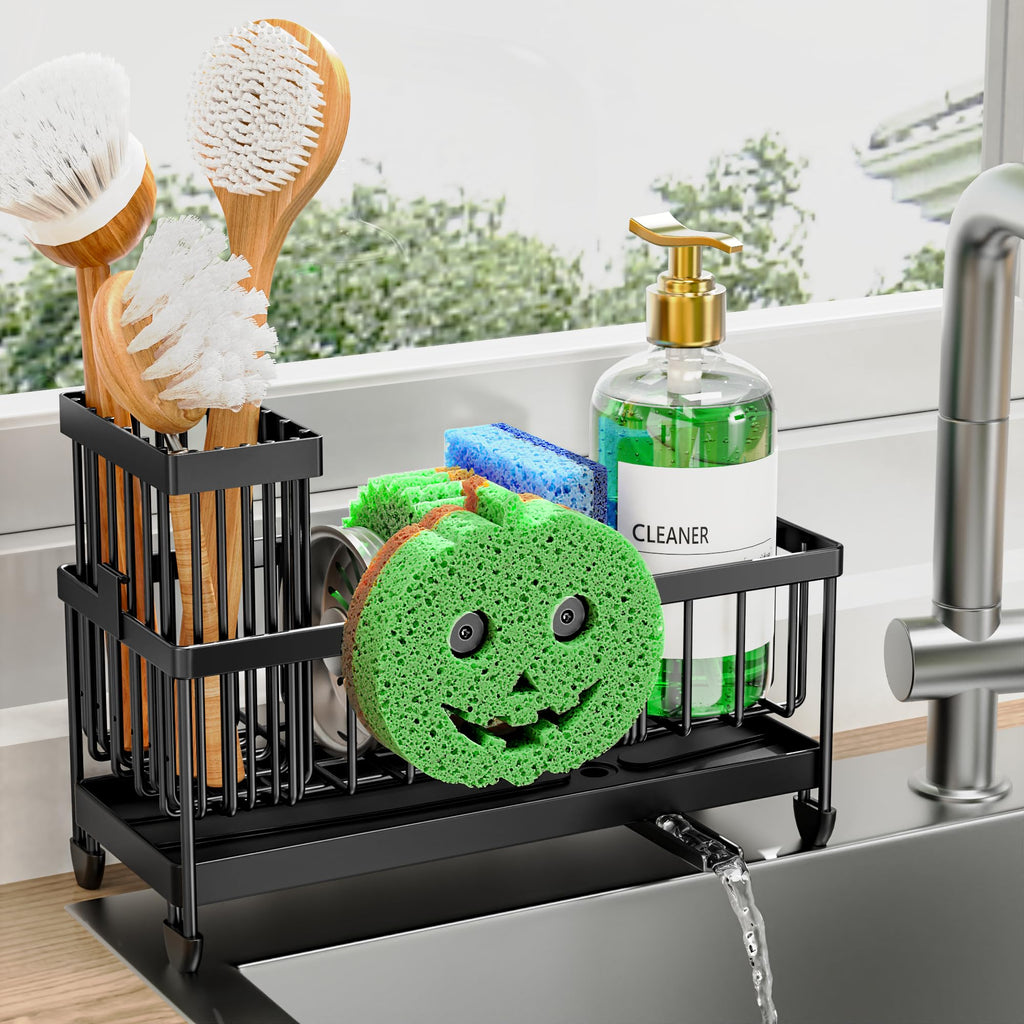 Cisily Sponge Holder for Kitchen Sink, Sink Caddy Organizer with High Brush Holder, Kitchen Countertop Organizers and Storage Essentials