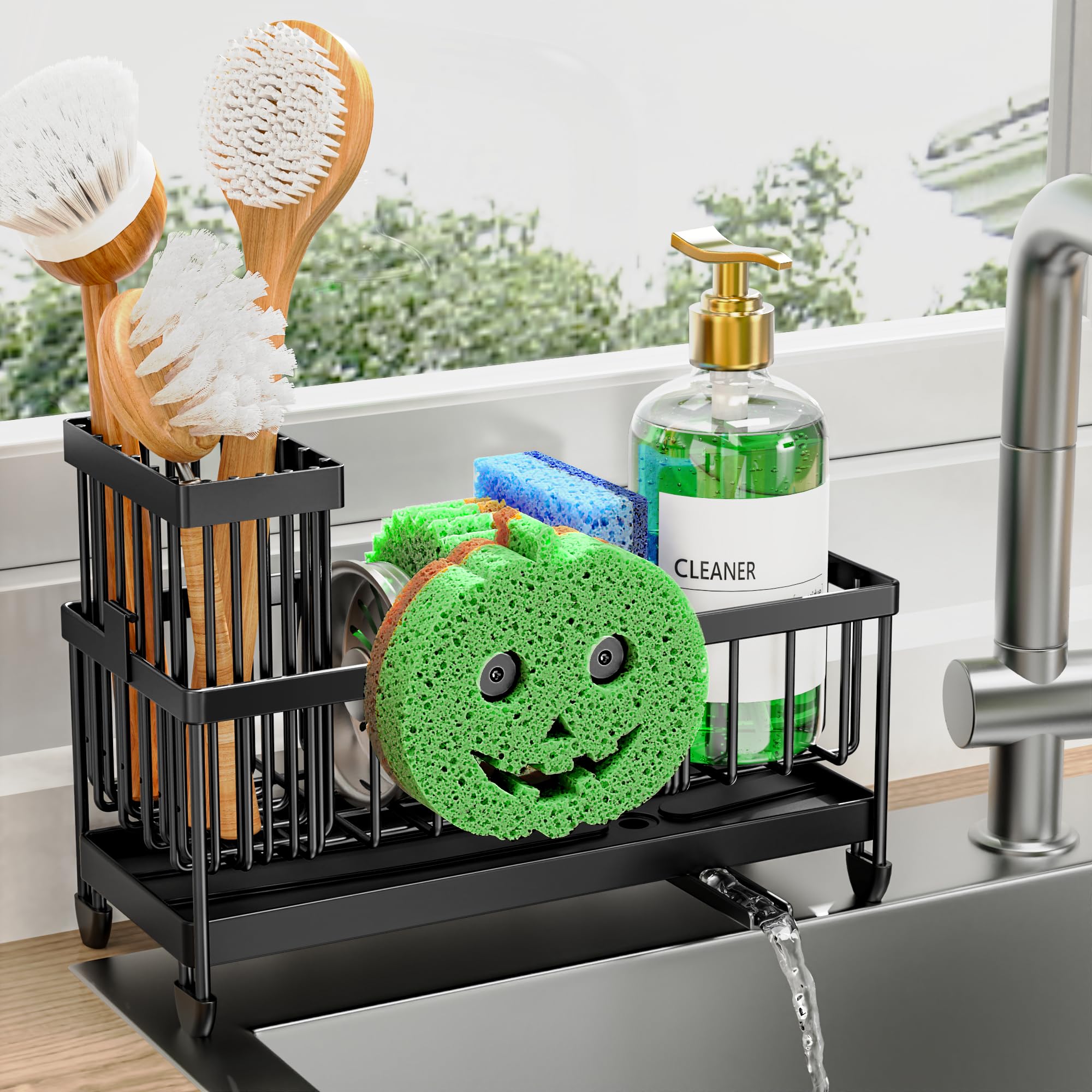 Cisily Sponge Holder for Kitchen Sink, Sink Caddy Organizer with High Brush Holder, Kitchen Countertop Organizers and Storage Essentials