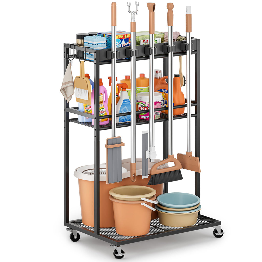 Broom Holder with Cleaning Supplies Organizer
