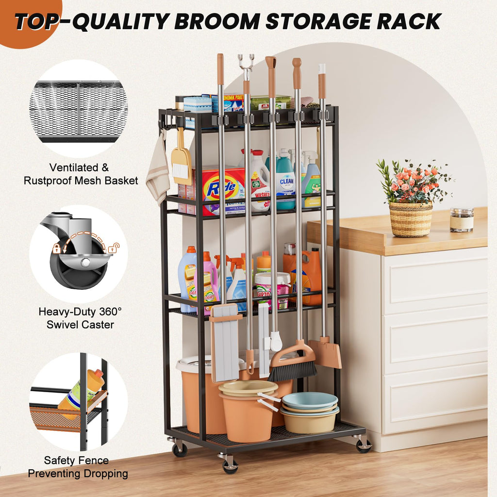 Broom Holder with Cleaning Supplies Organizer