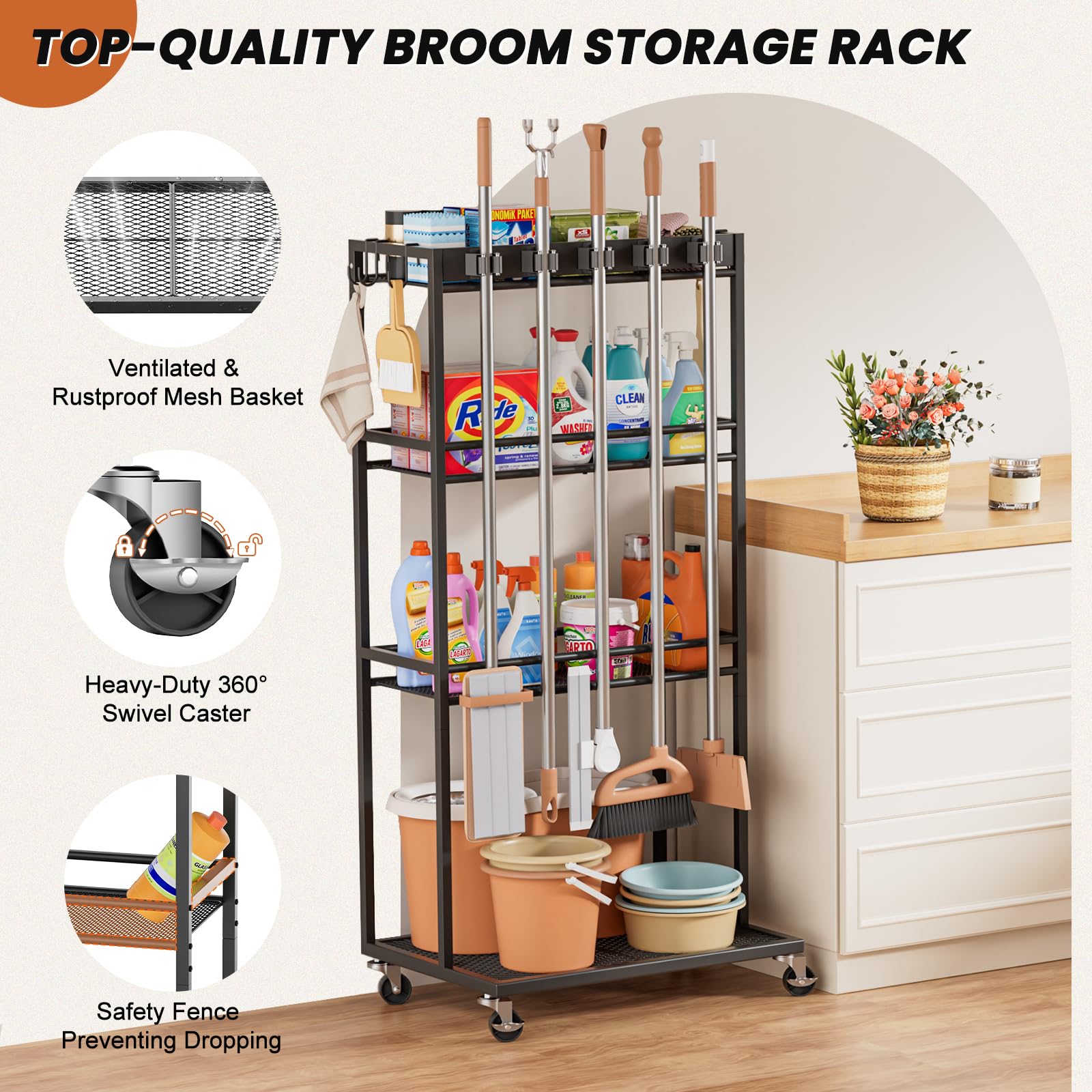 Broom Holder with Cleaning Supplies Organizer, Broom Closet Storage Cabinet with Mop Hanger Gripper Rack Hooks, Cleaning Housekeeping Janitorial Cart with Cleaning Caddy, Laundry Room Organization